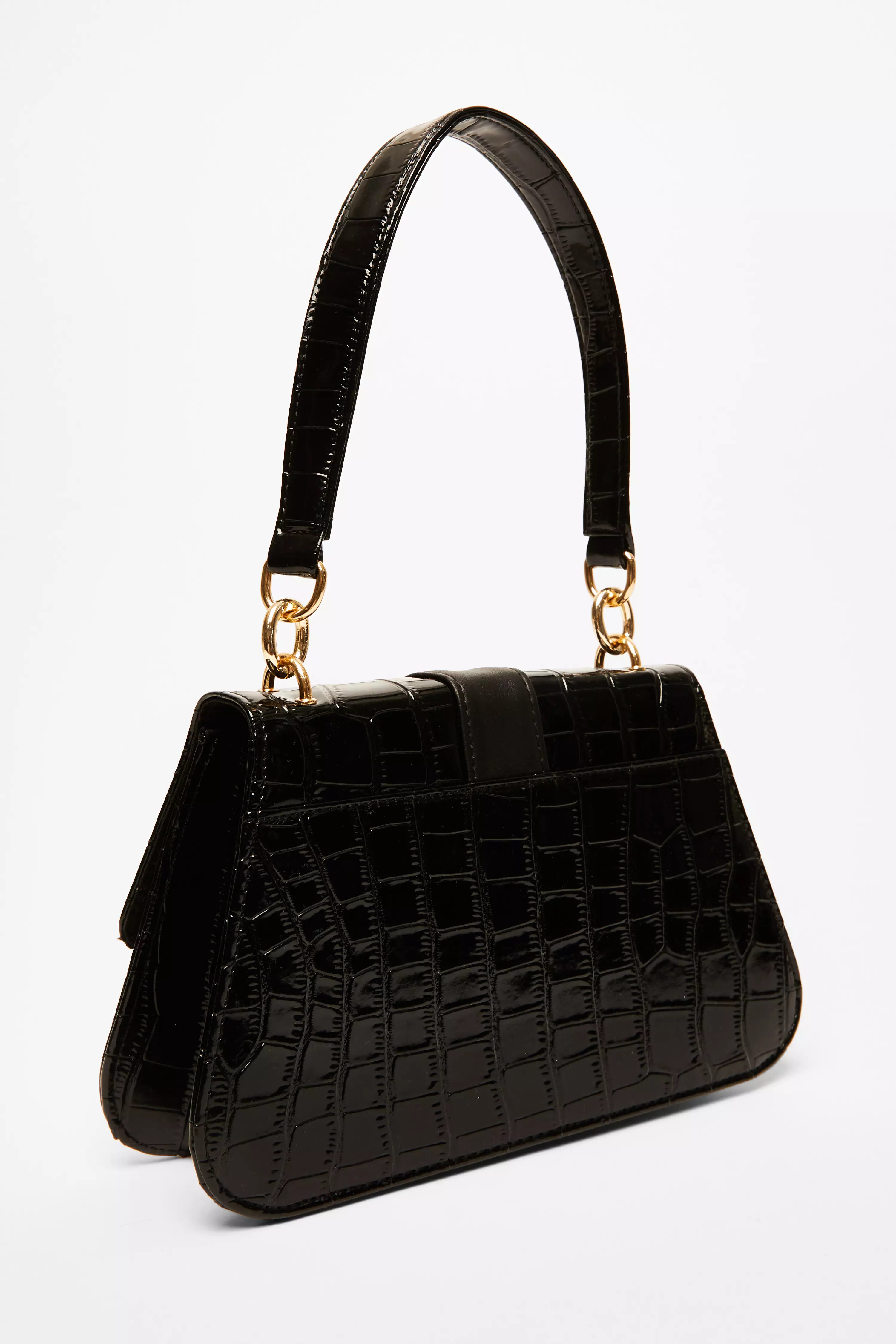 Black Faux Leather Croc Shoulder Bag