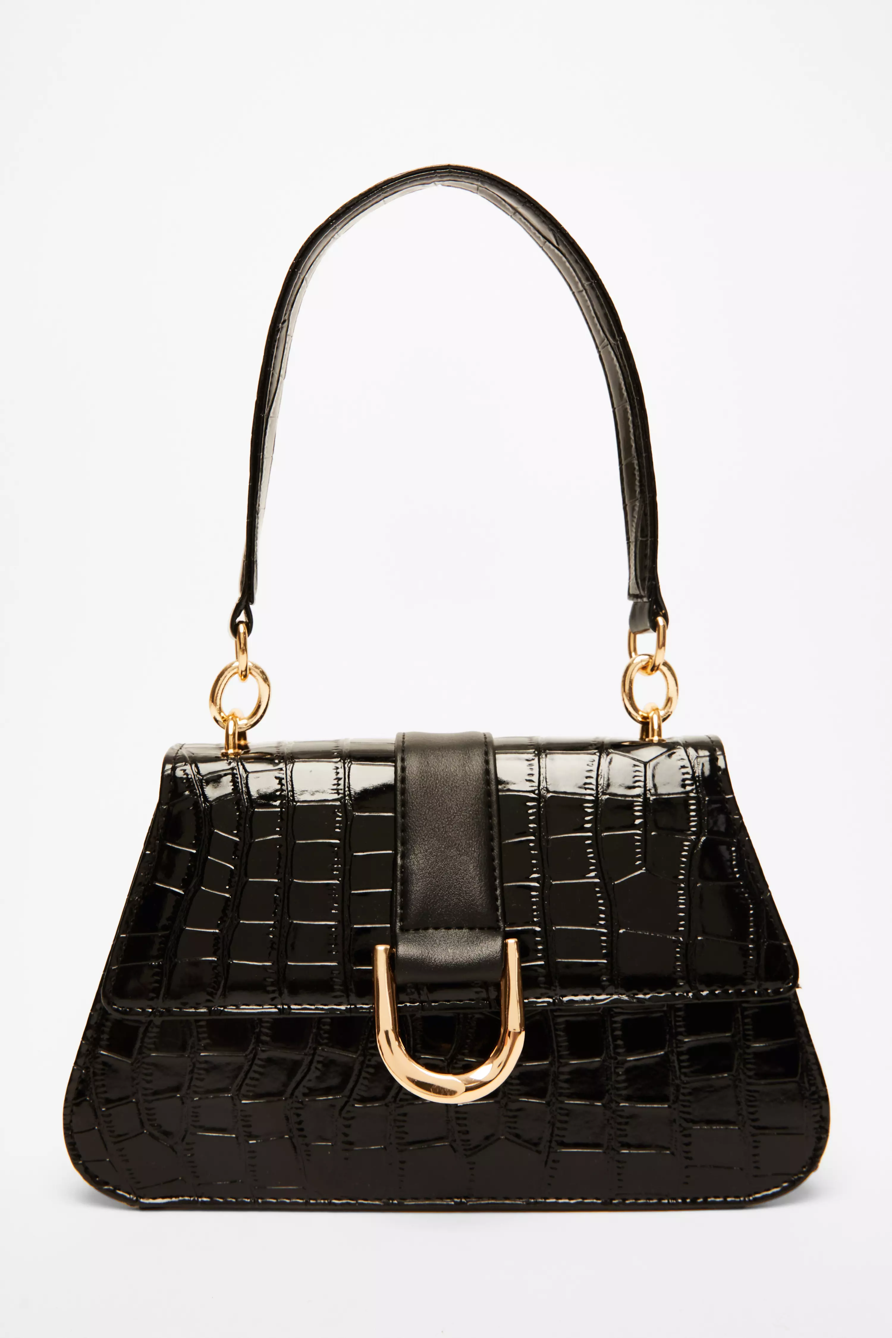 Black Faux Leather Croc Shoulder Bag