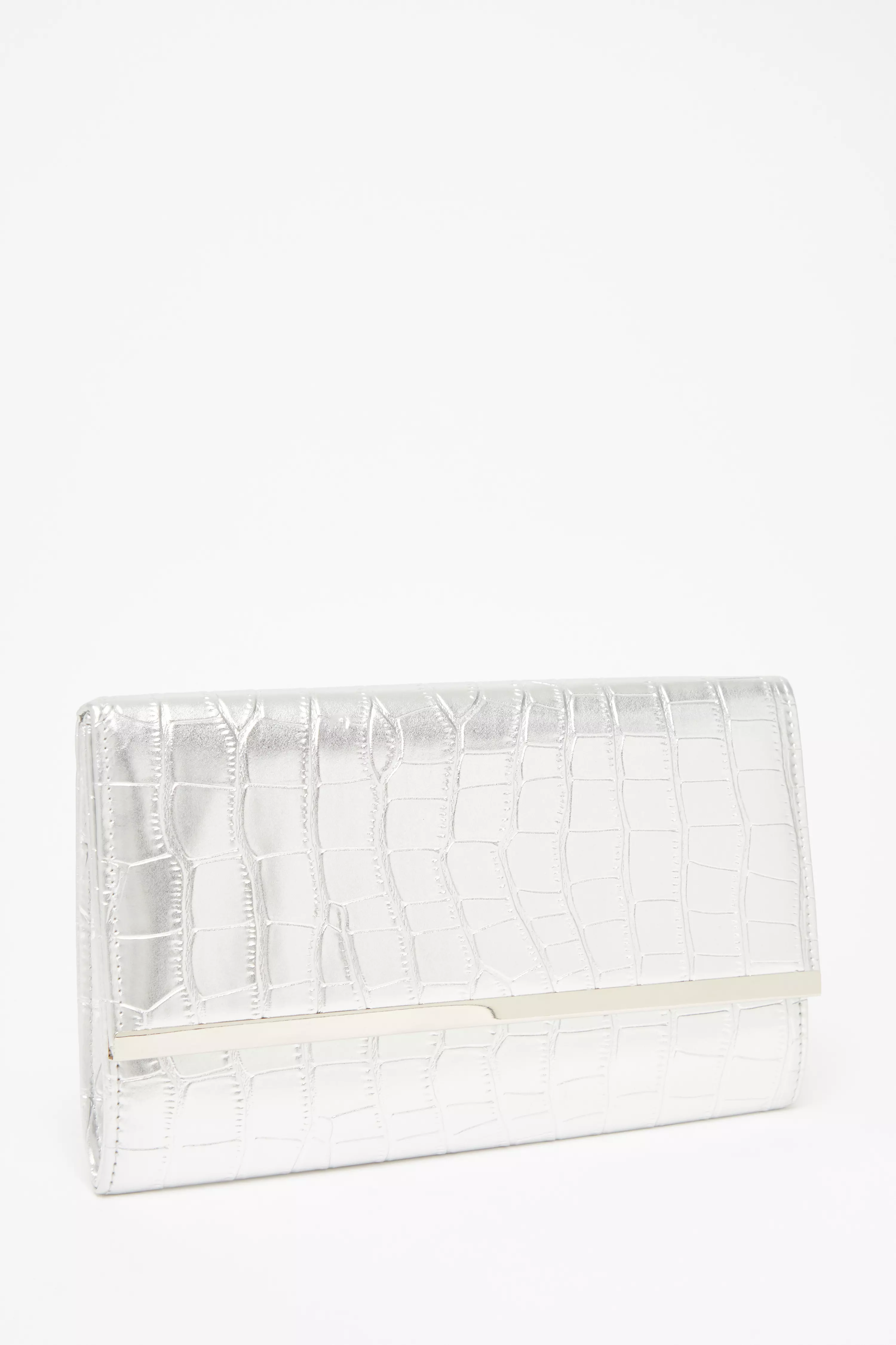 Silver Faux Leather Croc Clutch