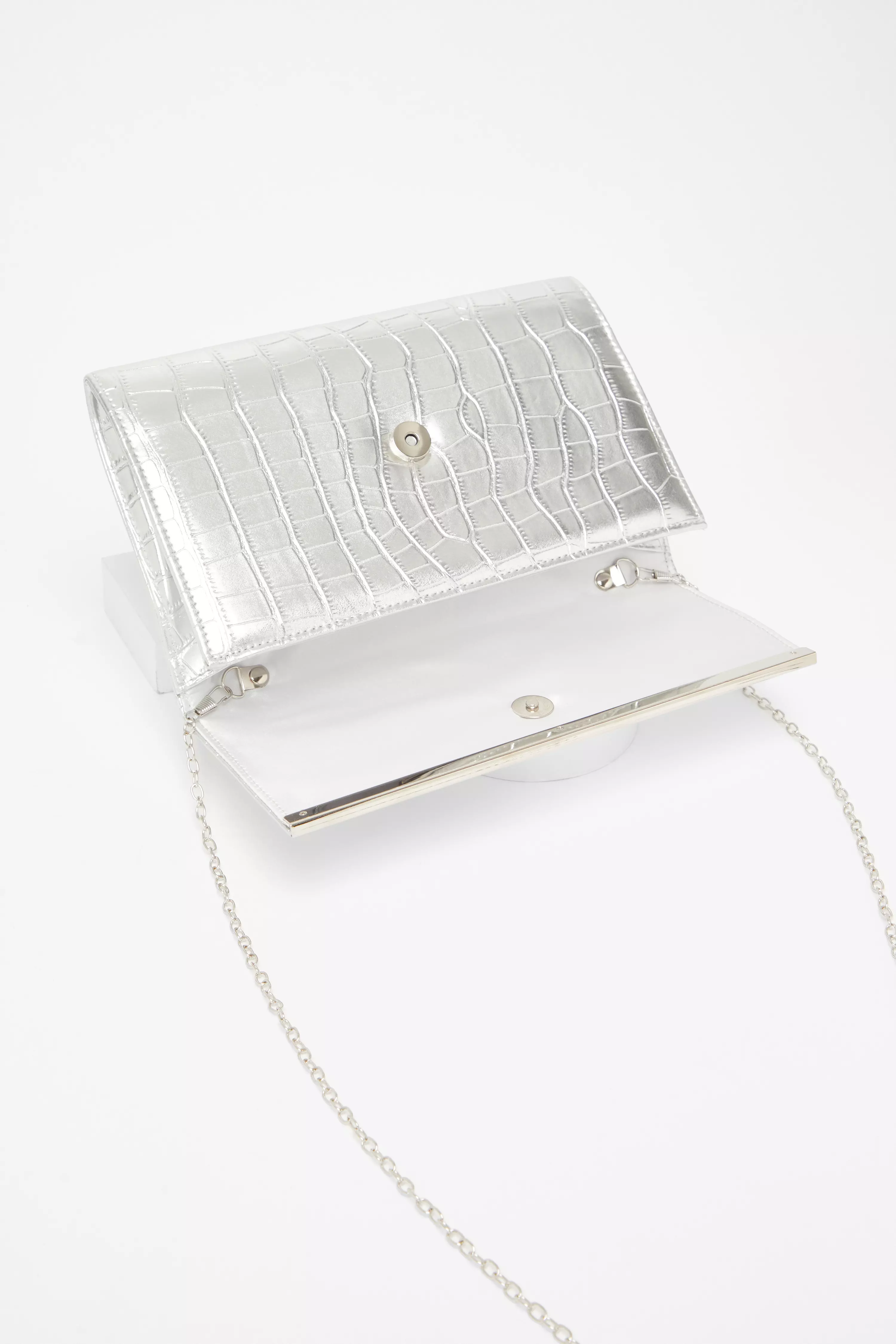 Silver Faux Leather Croc Clutch