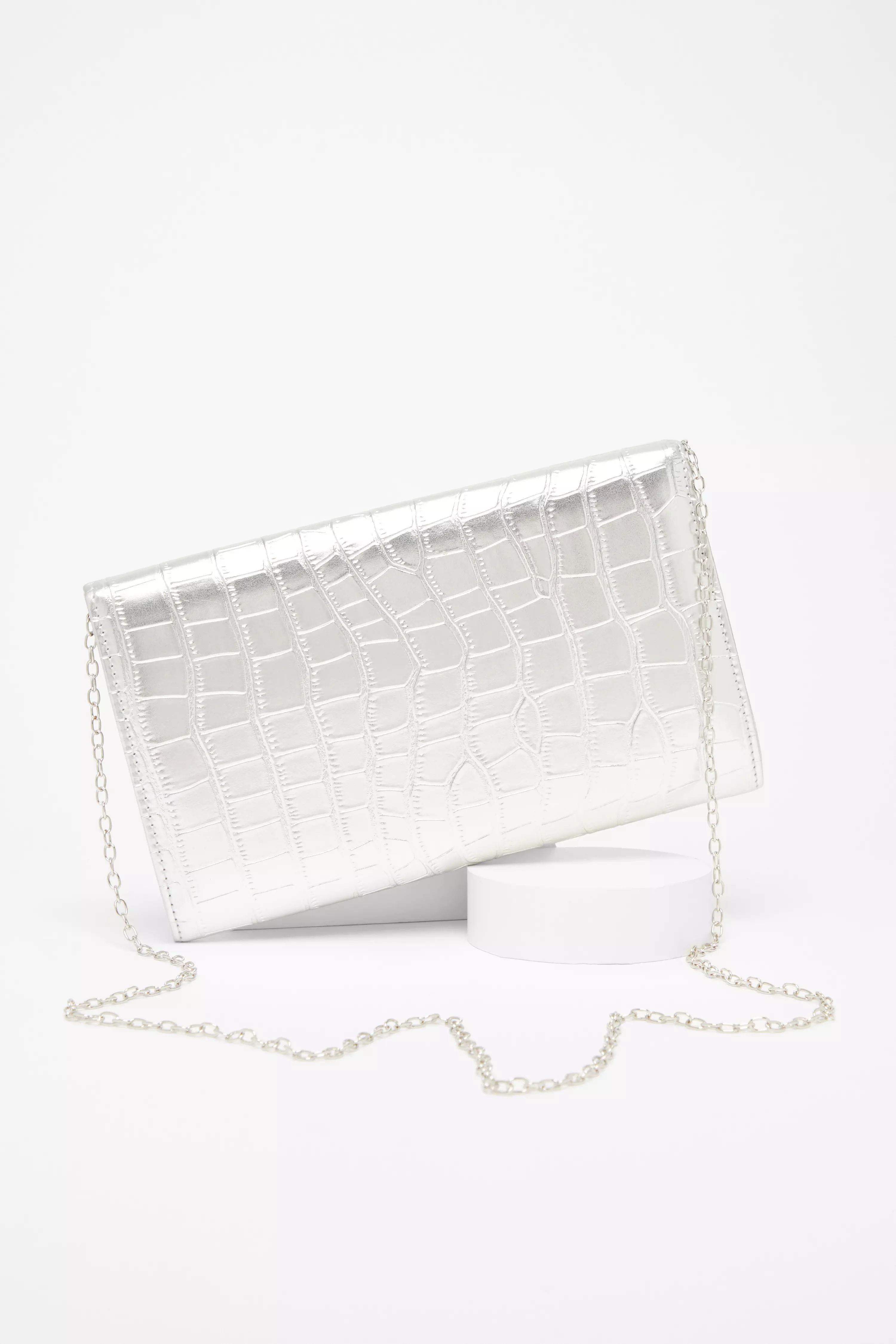 Silver Faux Leather Croc Clutch