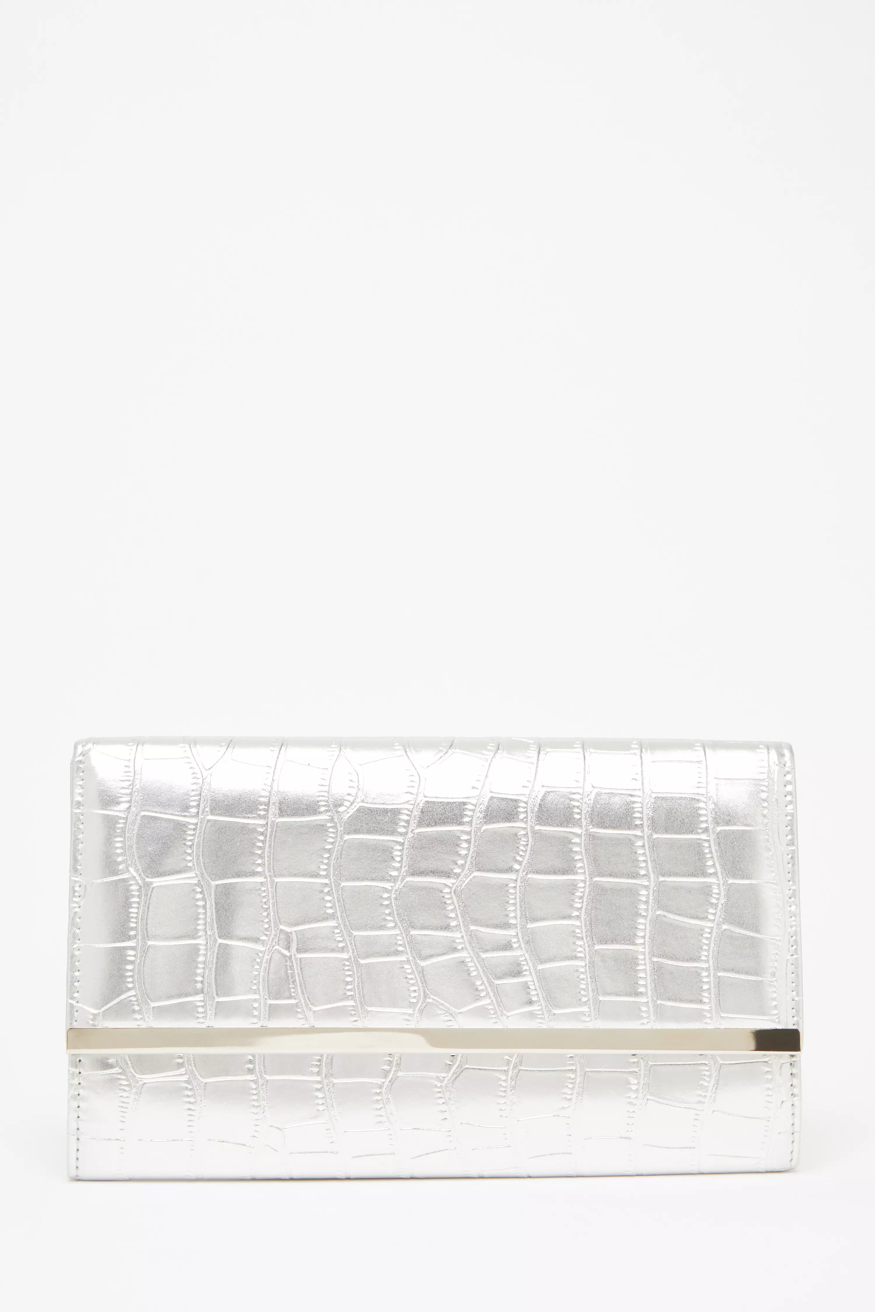 Silver Faux Leather Croc Clutch