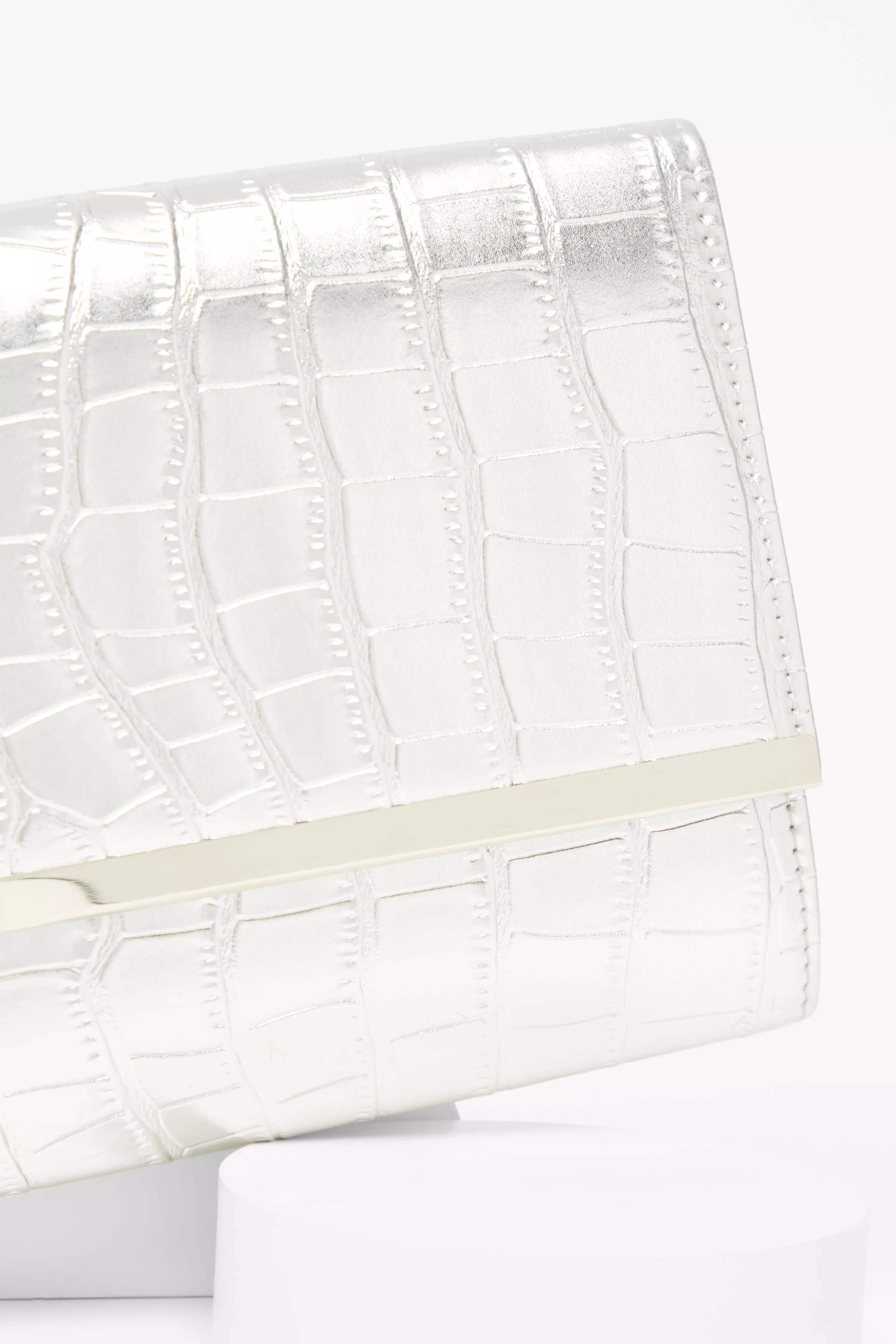 Silver Faux Leather Croc Clutch