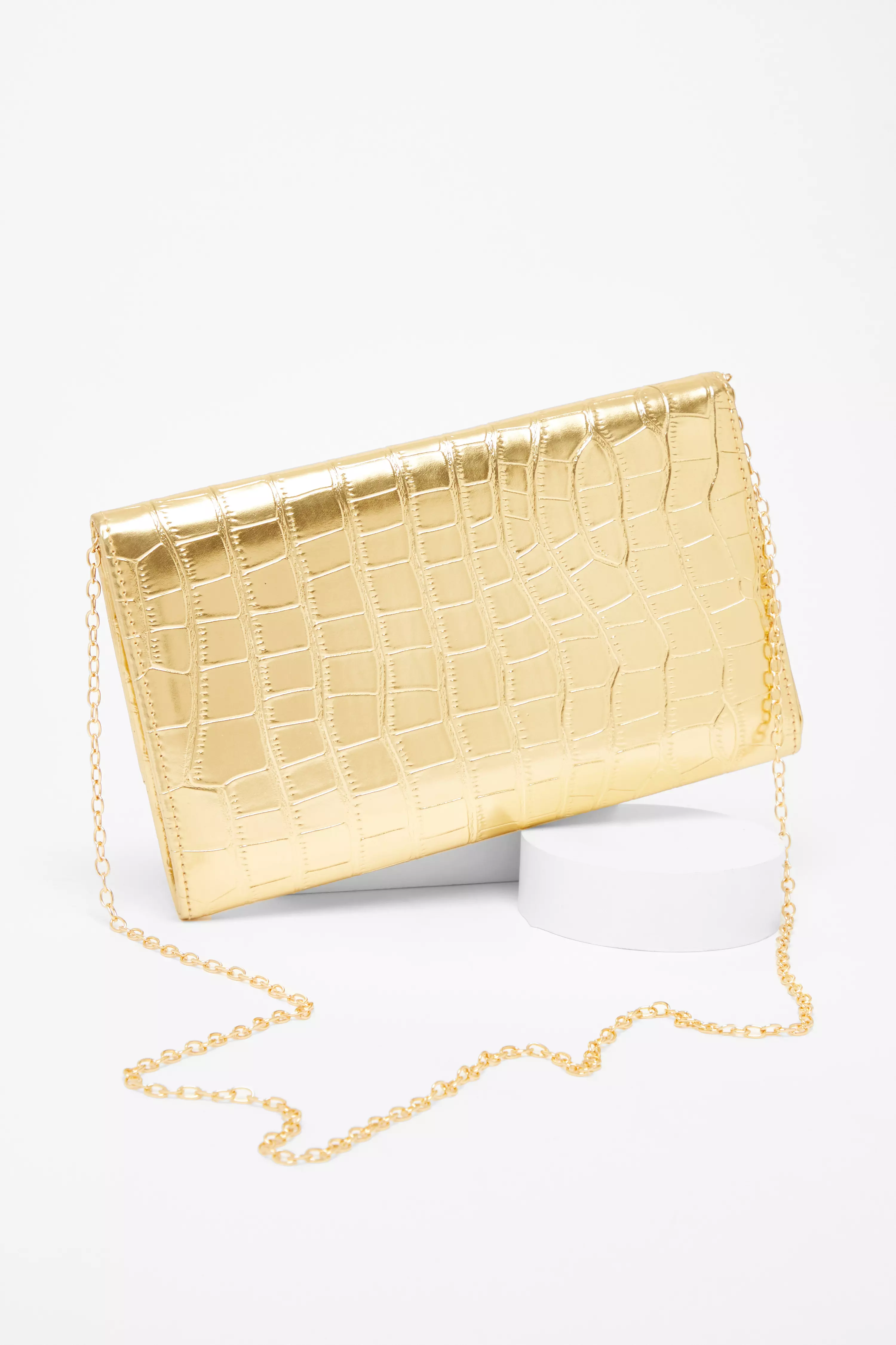 Gold Faux Leather Croc Clutch