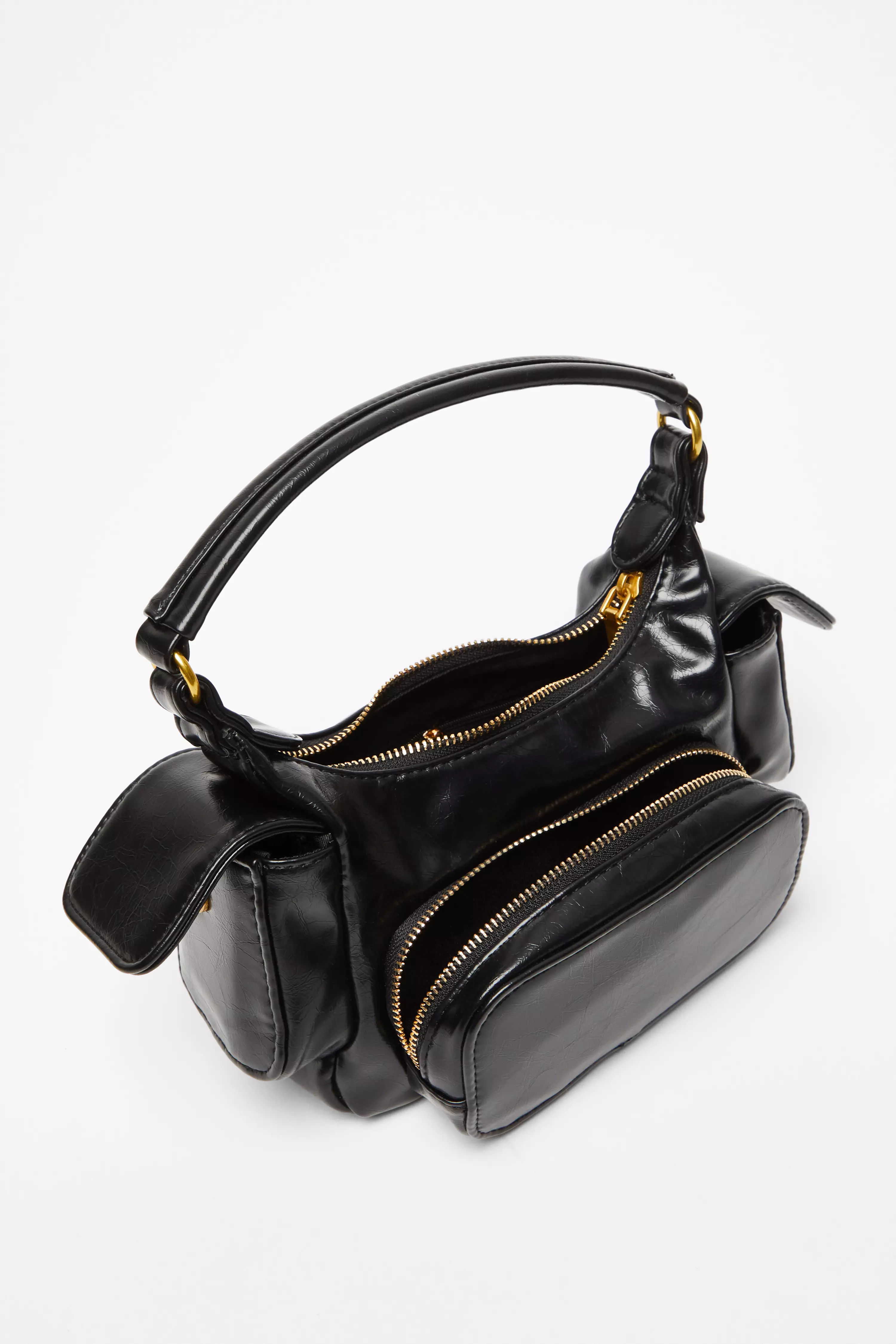 Black Faux Leather Shoulder Bag 