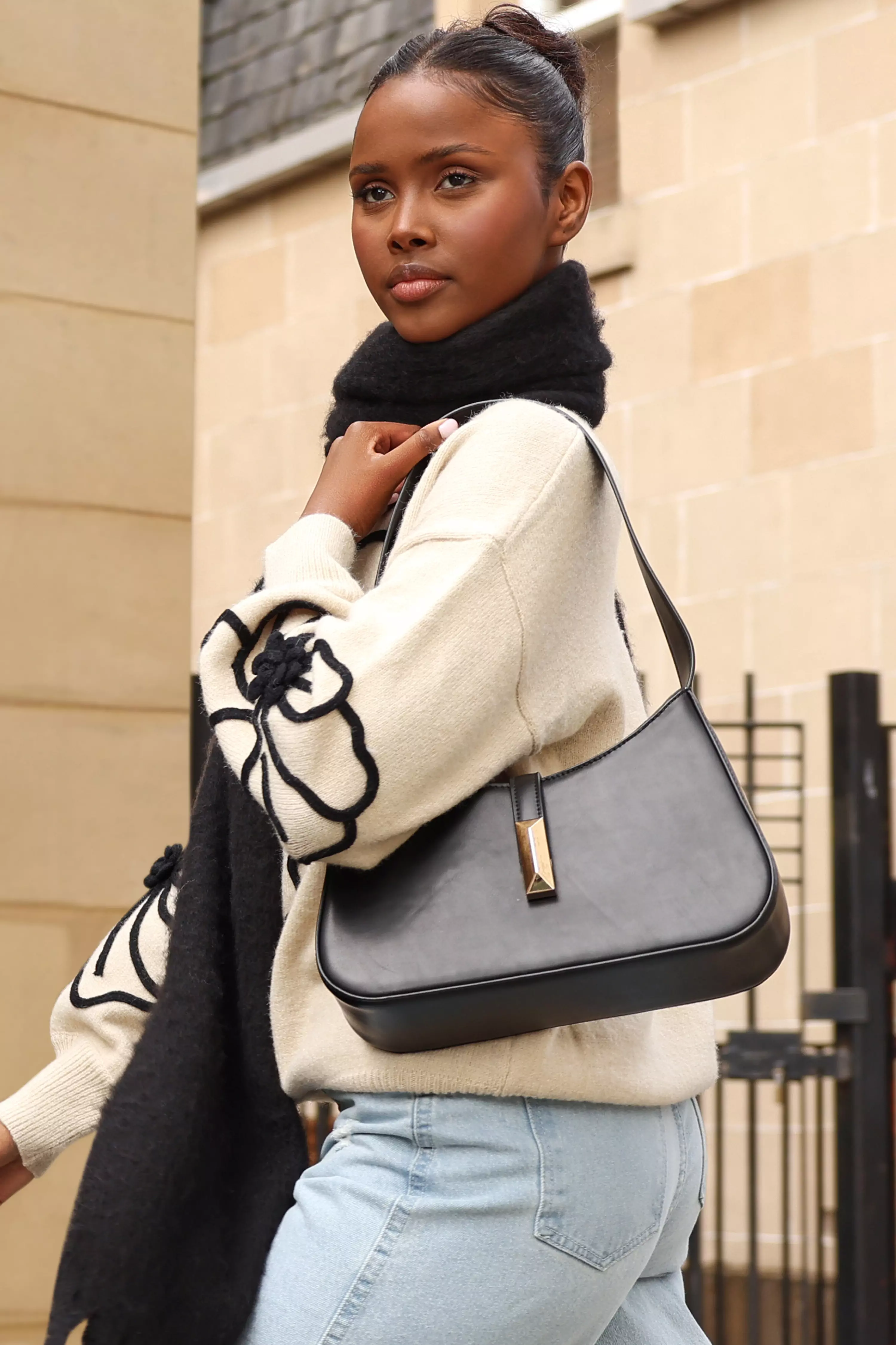 Black Faux Leather Shoulder Bag