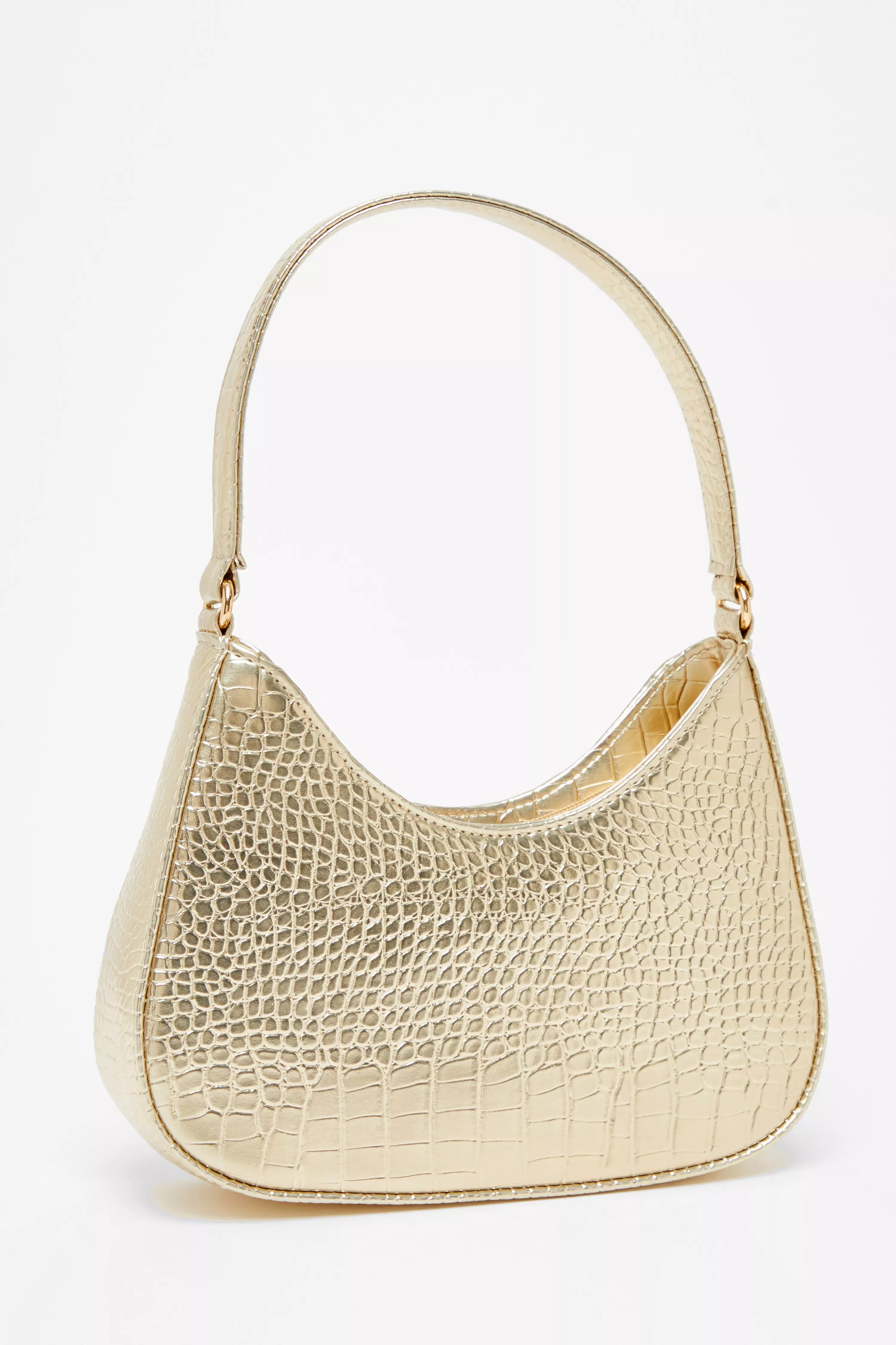 Gold Faux Leather Croc Shoulder Bag