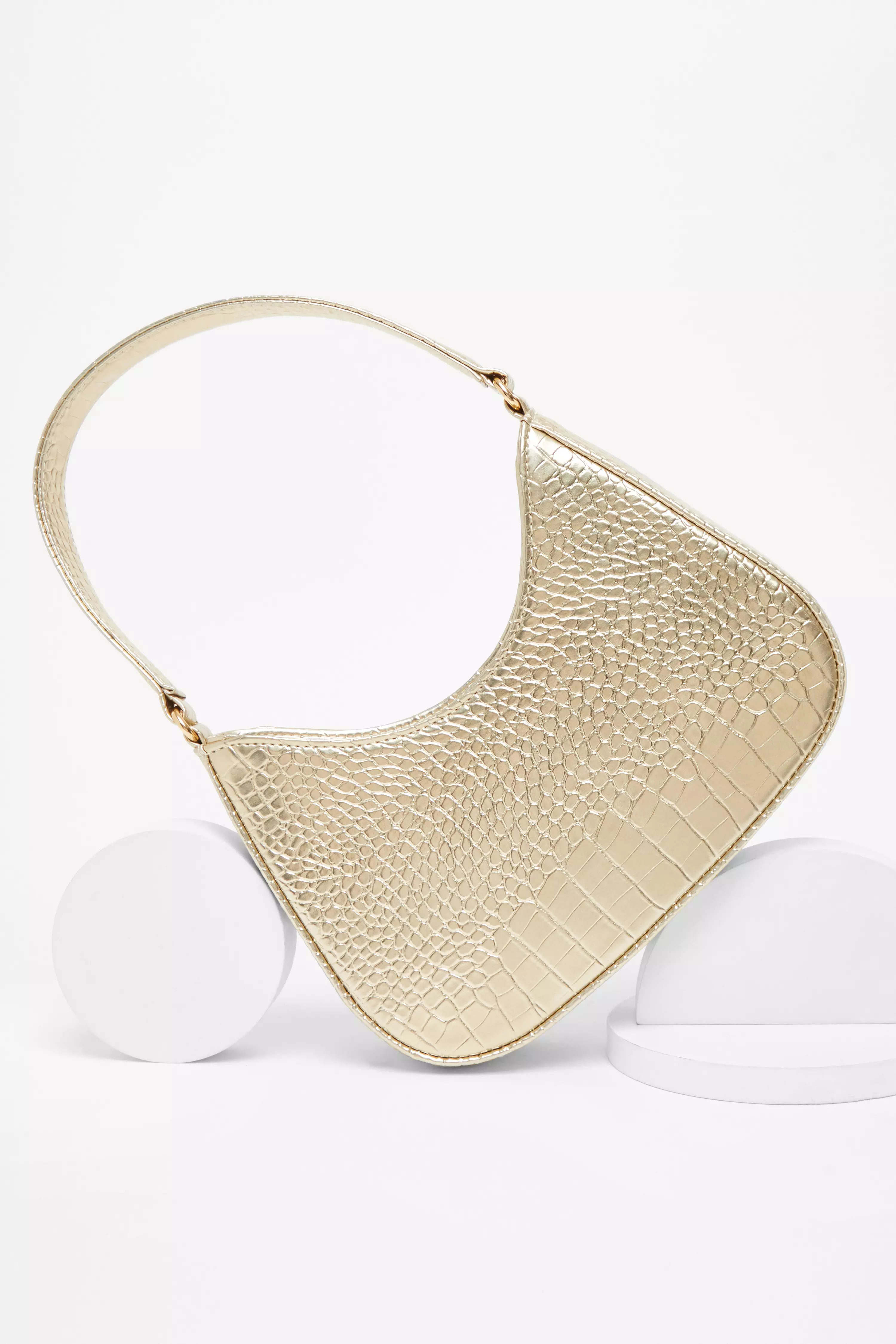 Gold Faux Leather Croc Shoulder Bag