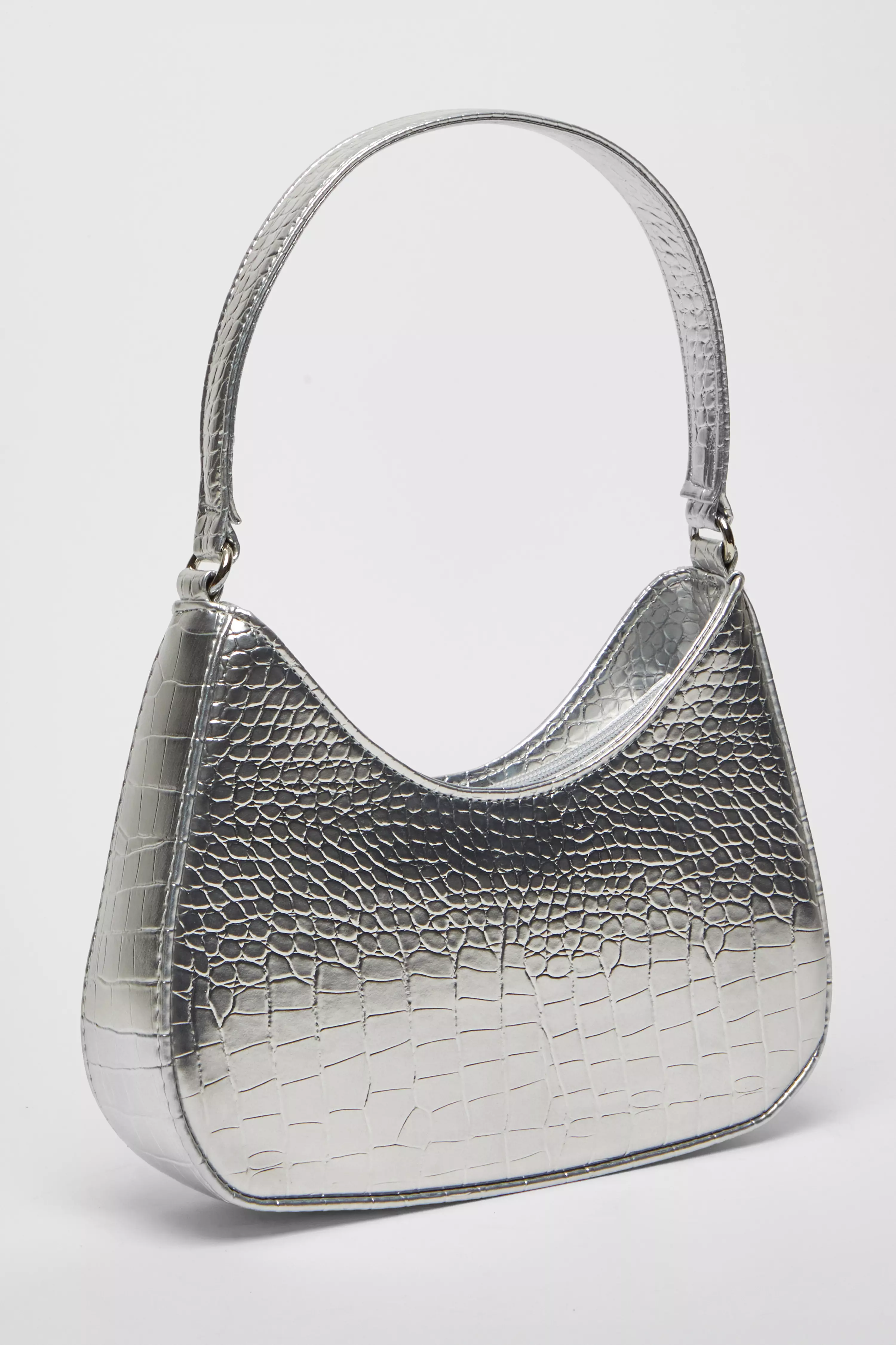 Silver Faux Leather Croc Shoulder Bag