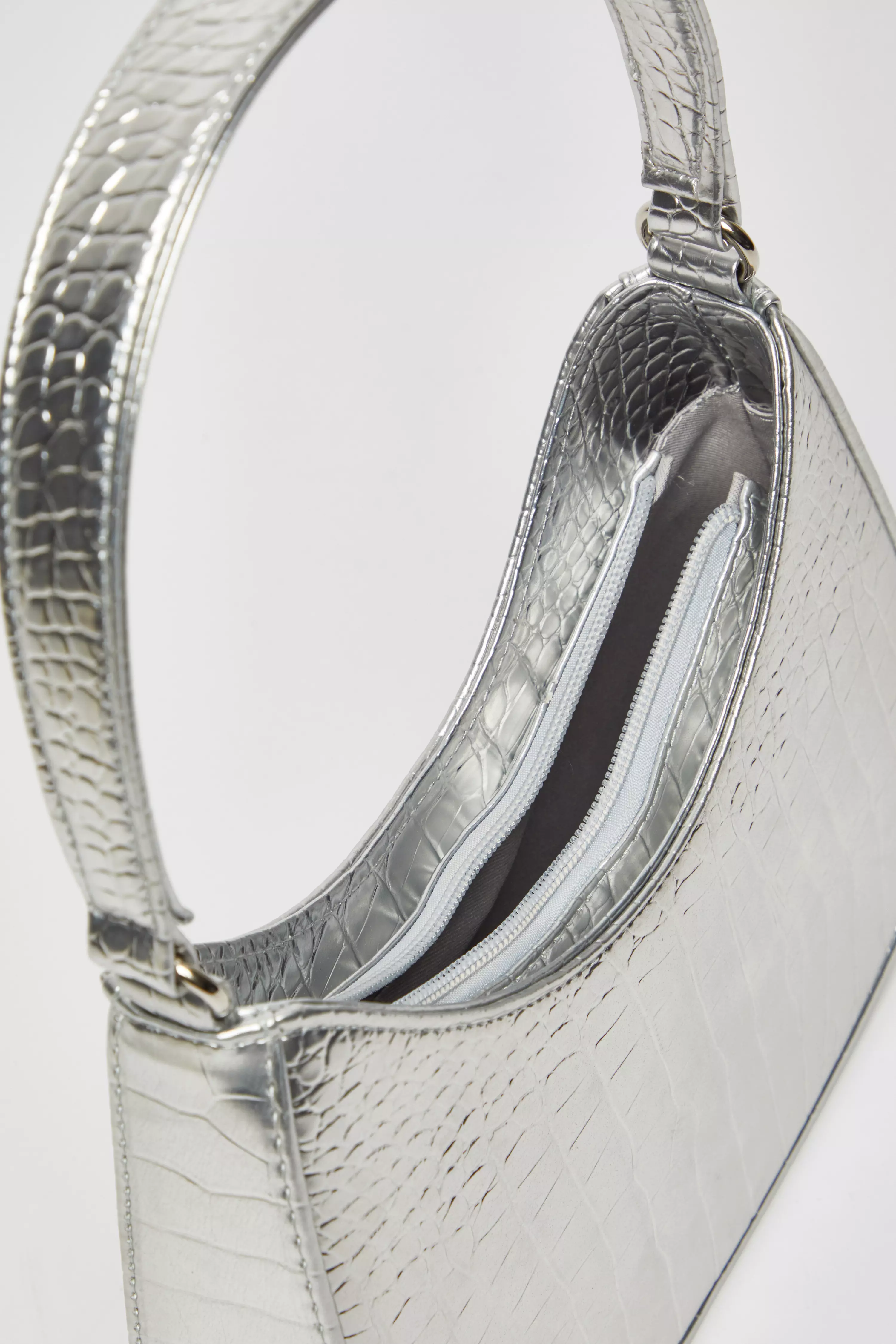 Silver Faux Leather Croc Shoulder Bag