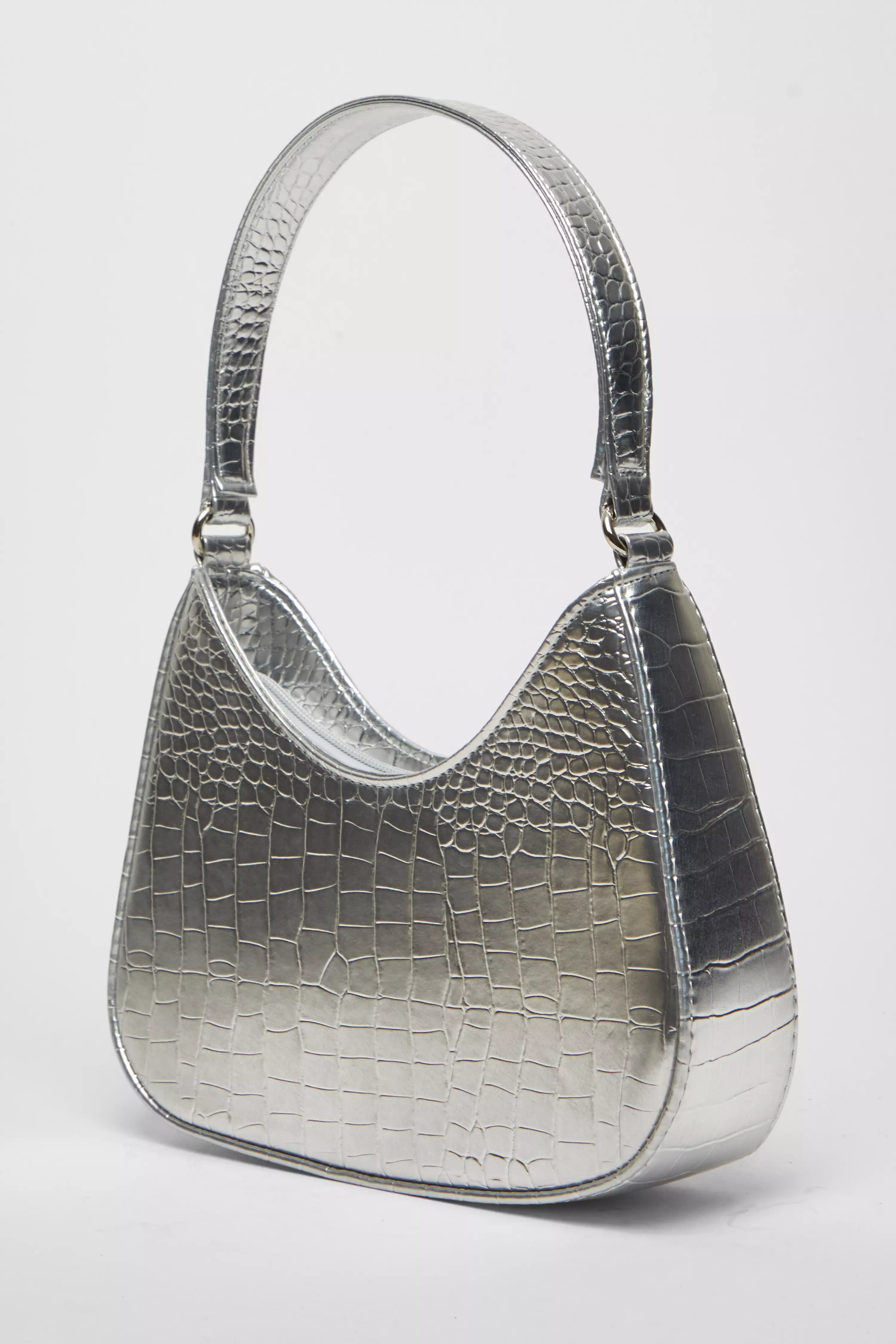 Silver Faux Leather Croc Shoulder Bag