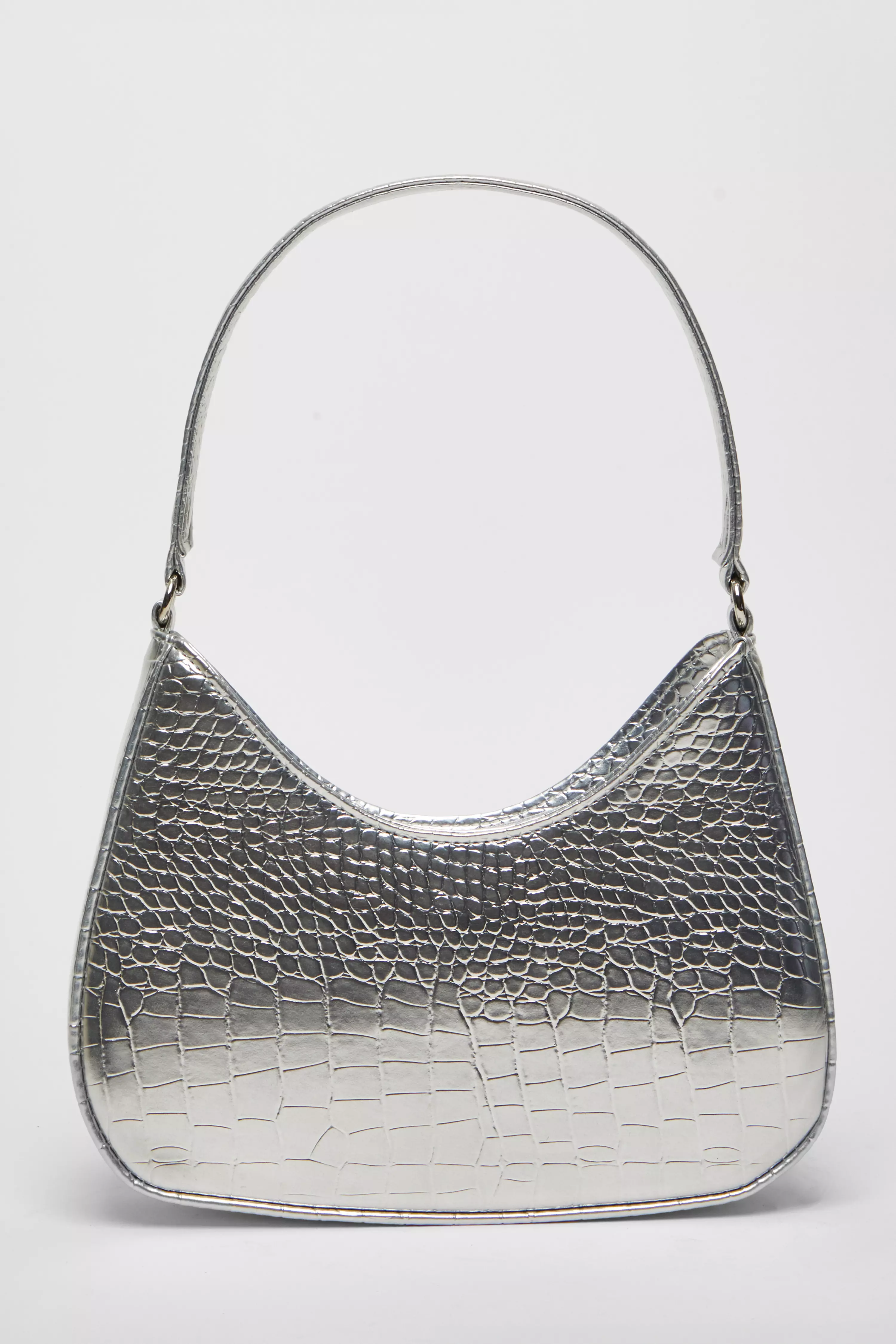 Silver Faux Leather Croc Shoulder Bag