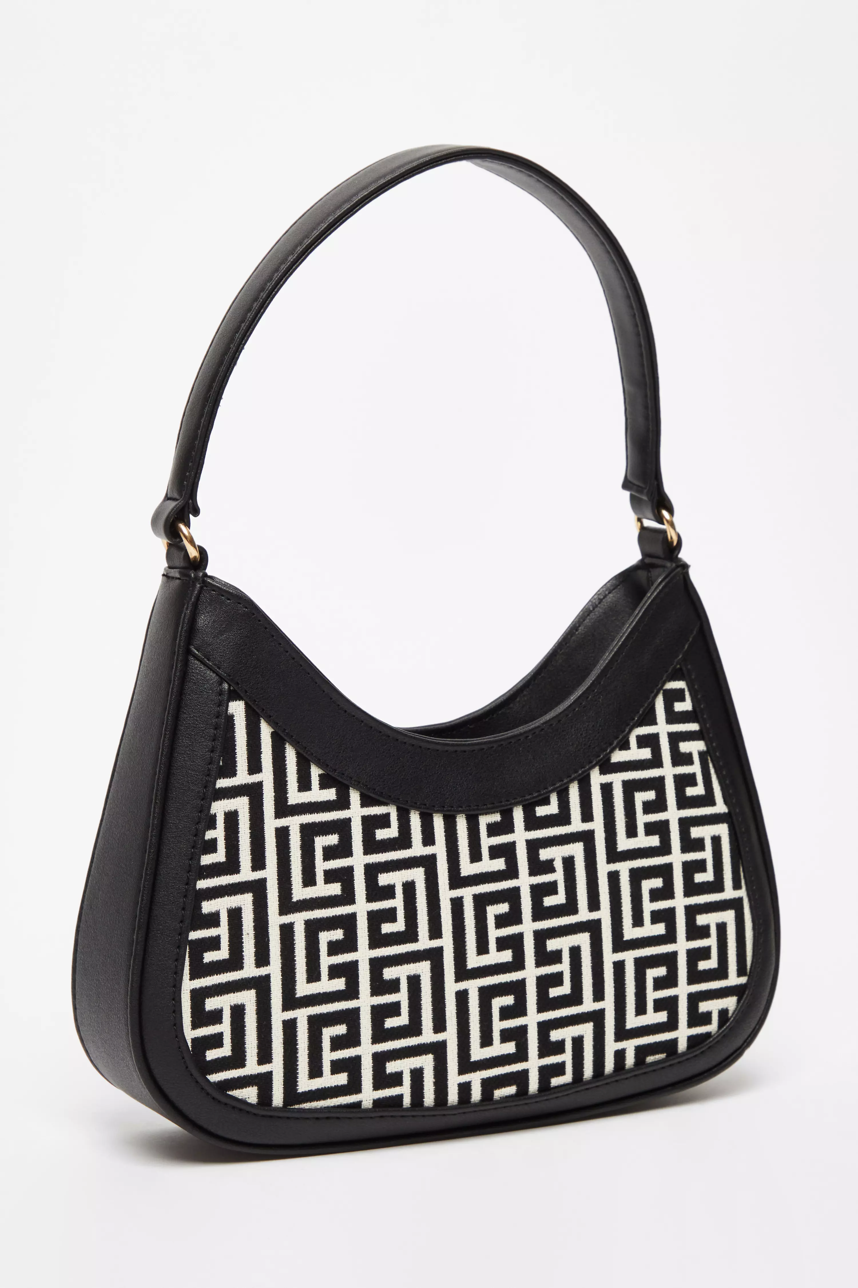 Black Faux Leather Geometric Shoulder Bag