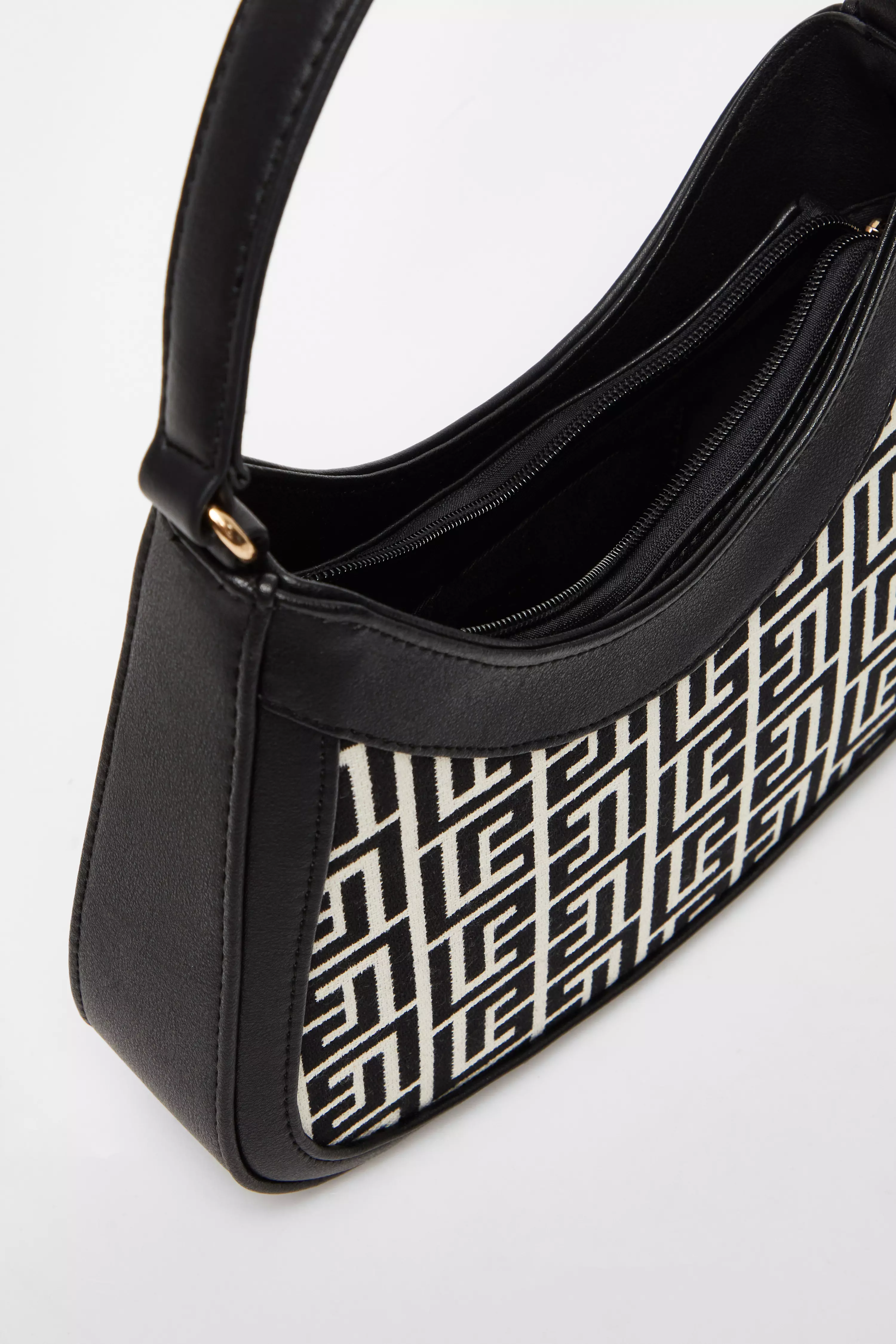 Black Faux Leather Geometric Shoulder Bag