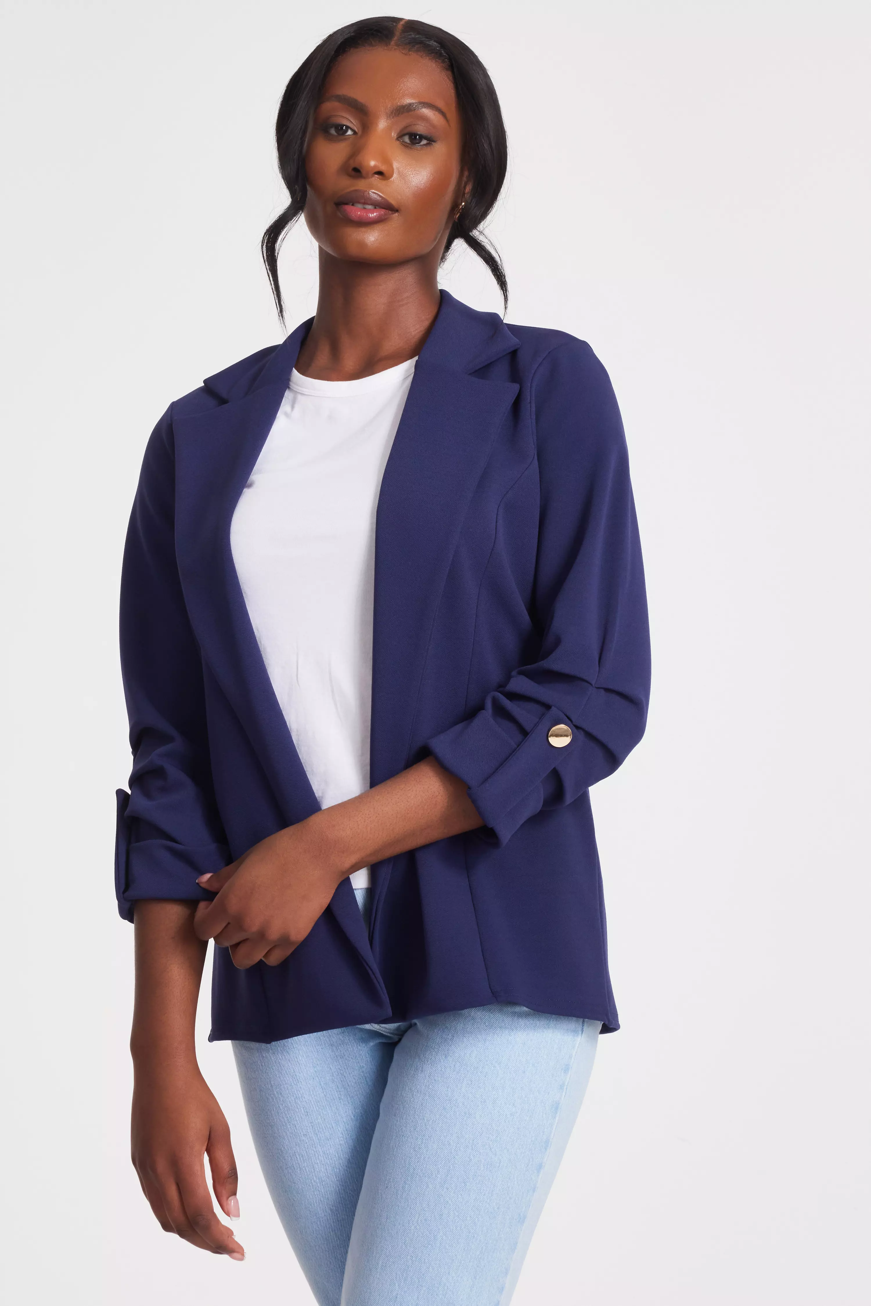 Navy Ruched Sleeve Blazer