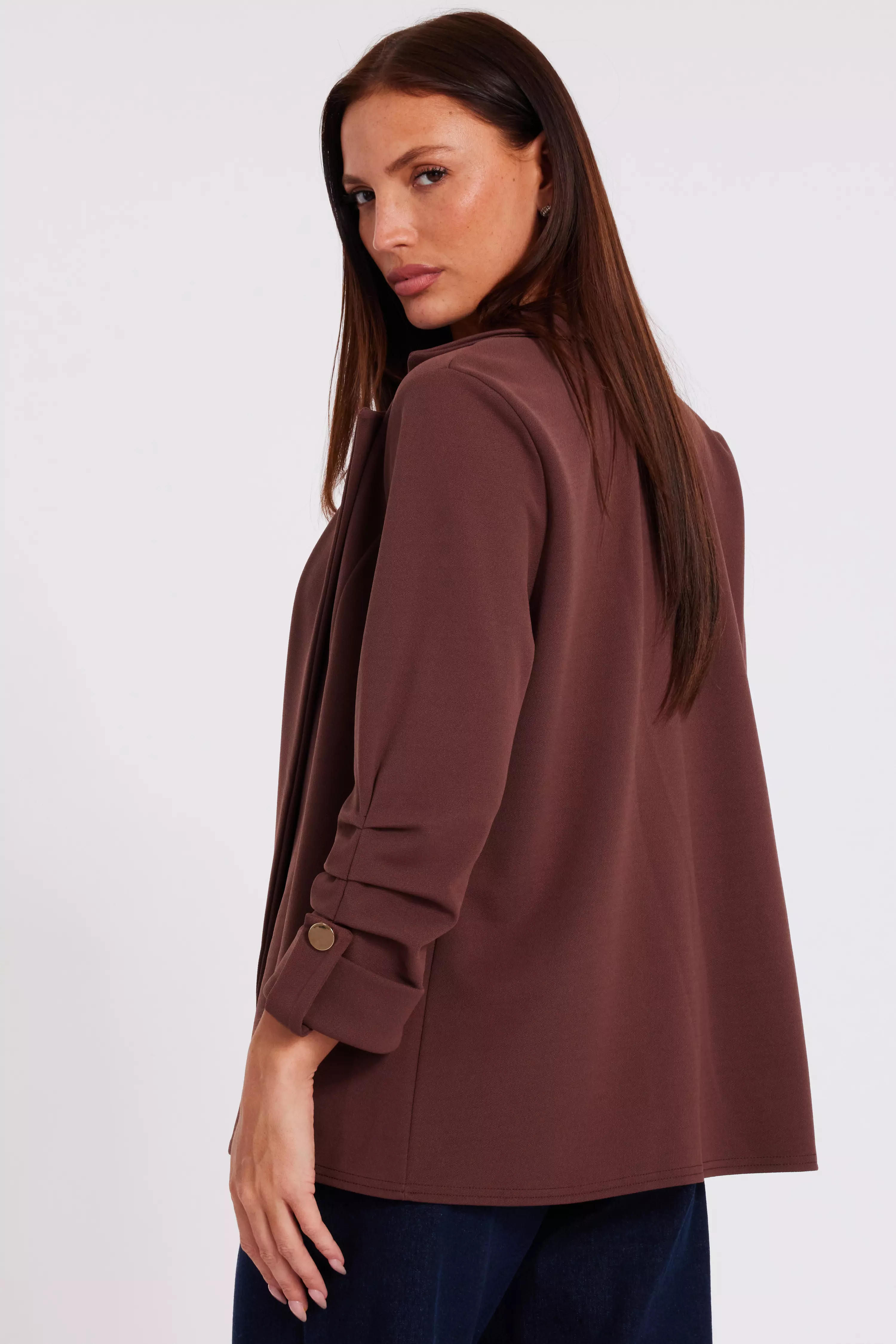 Brown Ruched Sleeve Blazer