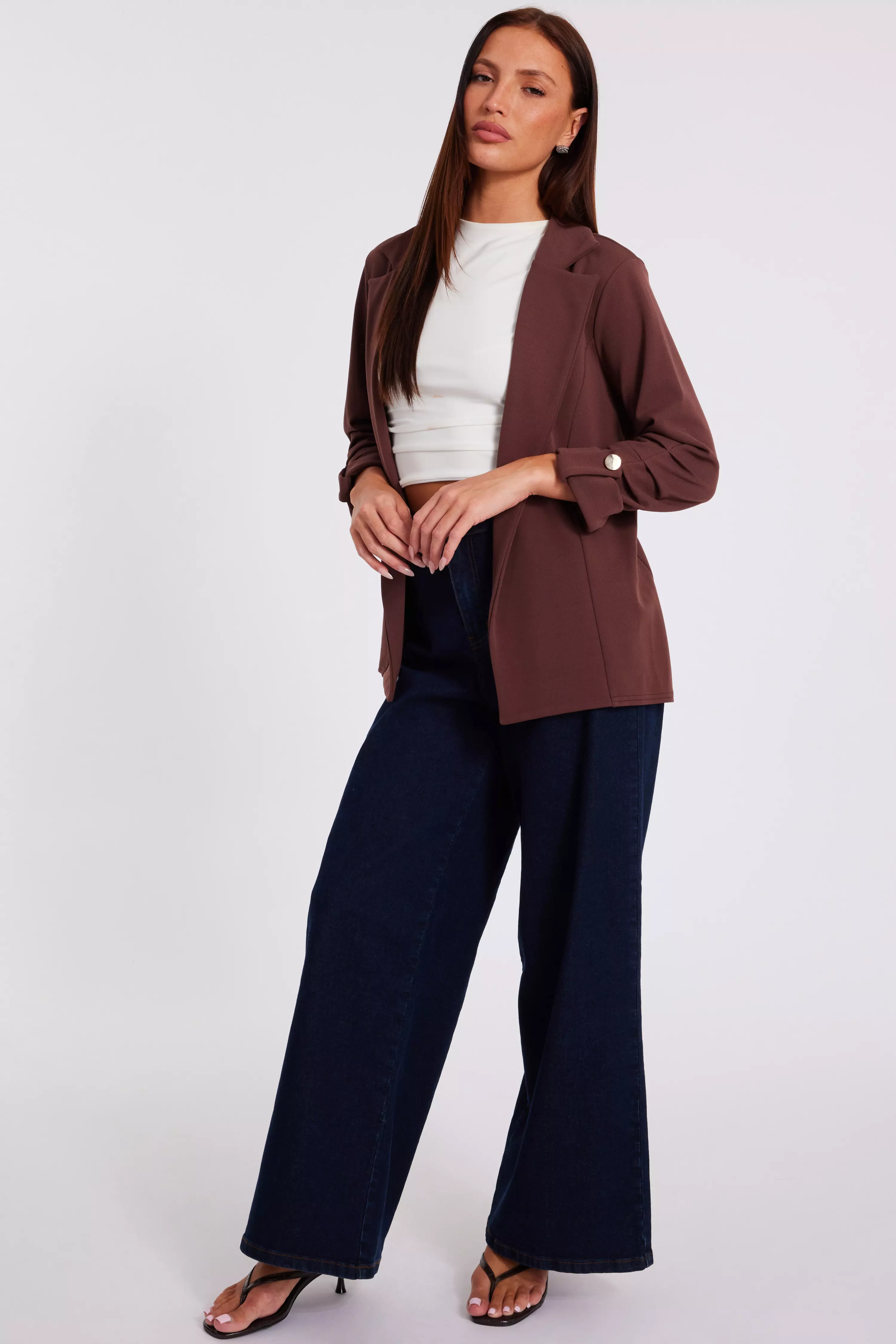 Brown Ruched Sleeve Blazer