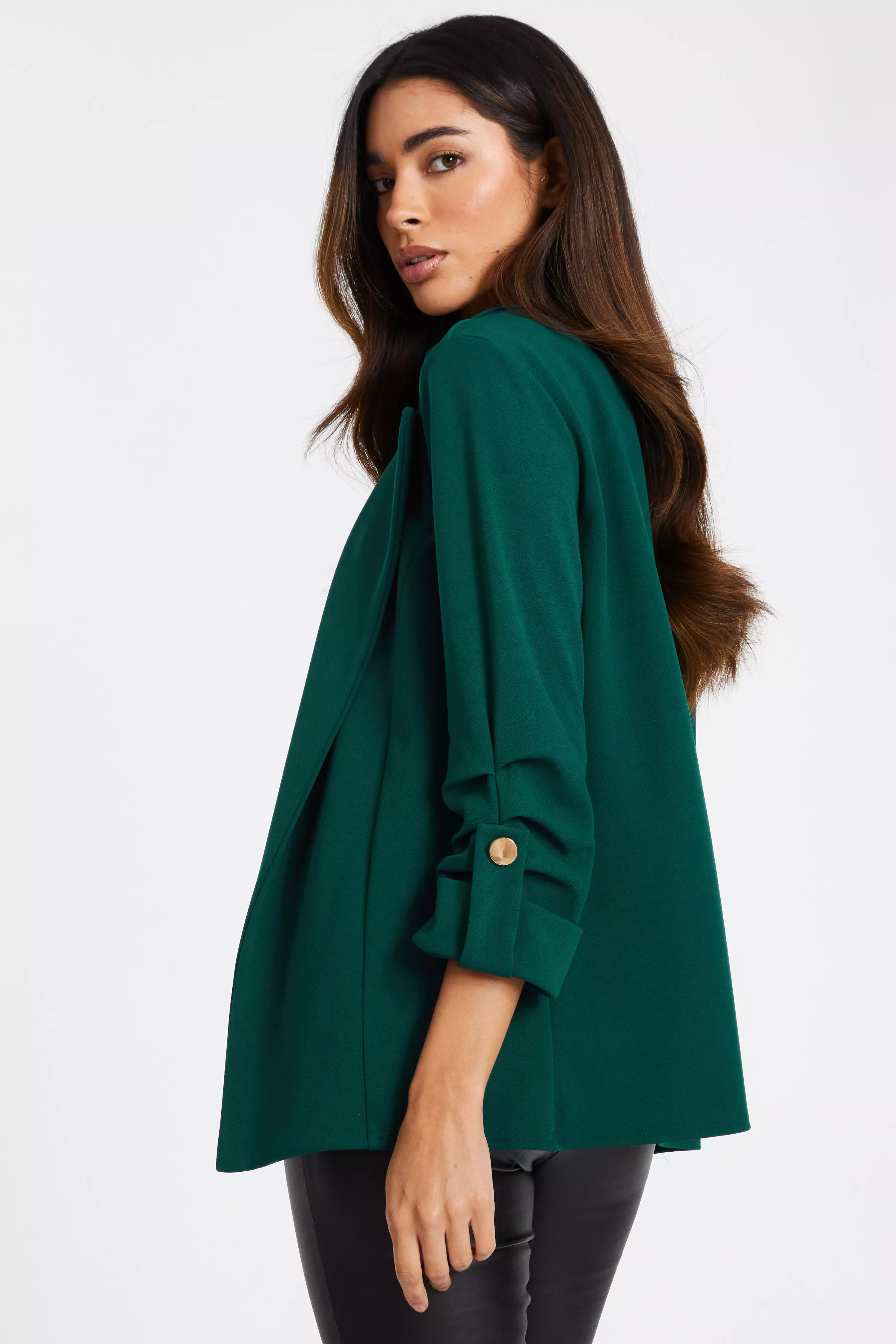 Bottle Green Ruched Sleeve Blazer