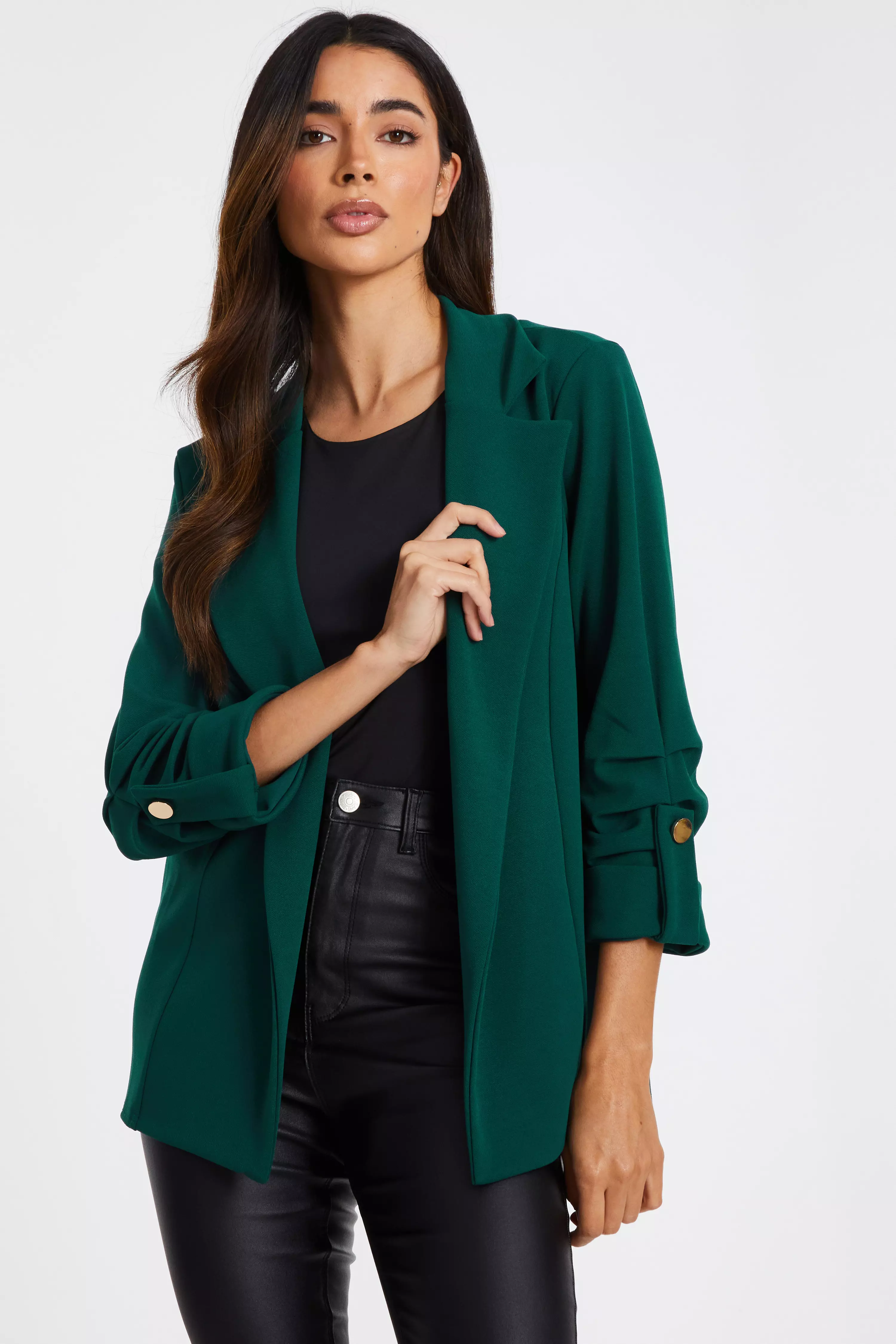 Bottle Green Ruched Sleeve Blazer