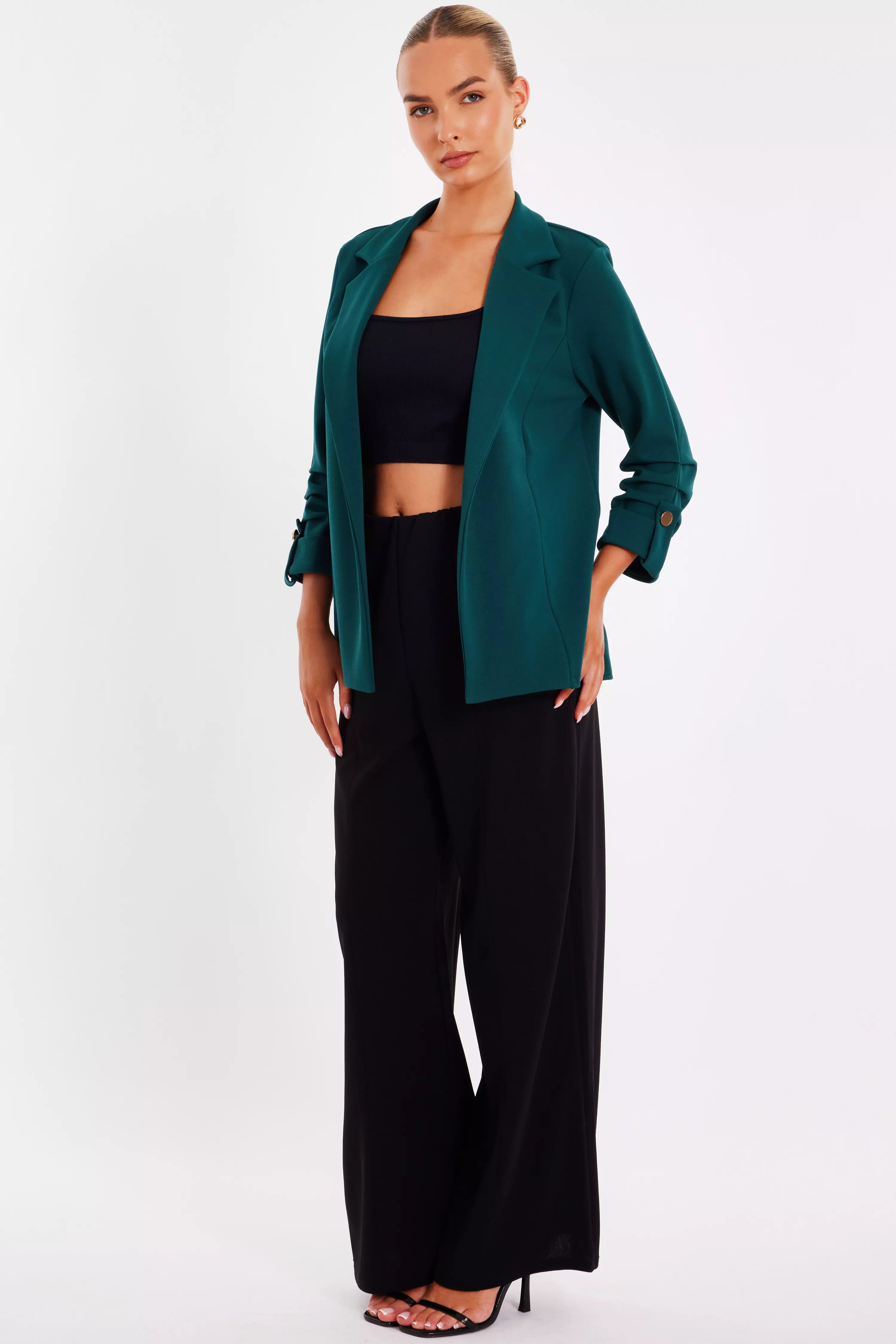 Bottle Green Ruched Sleeve Blazer