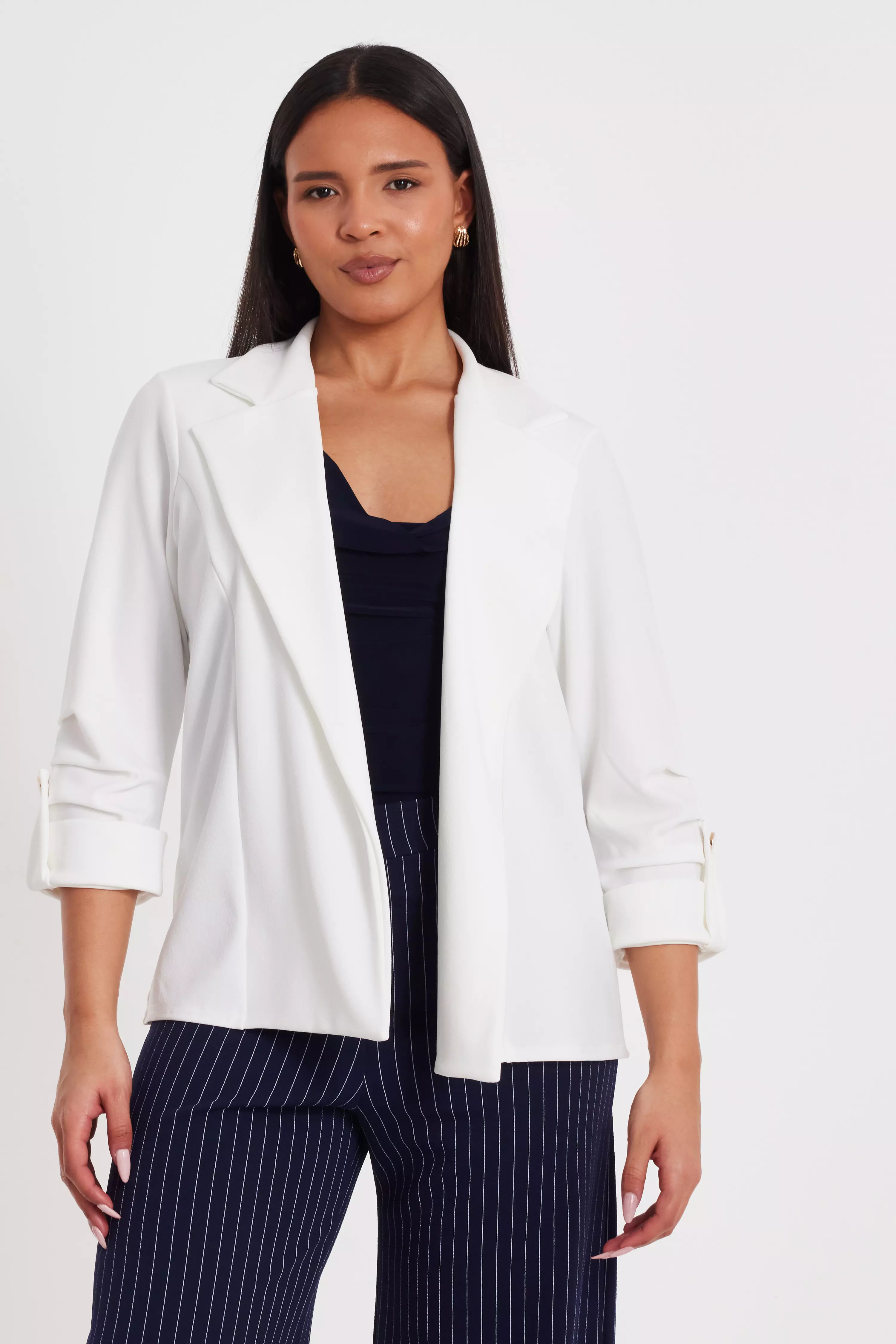 Cream Ruched Sleeve Blazer