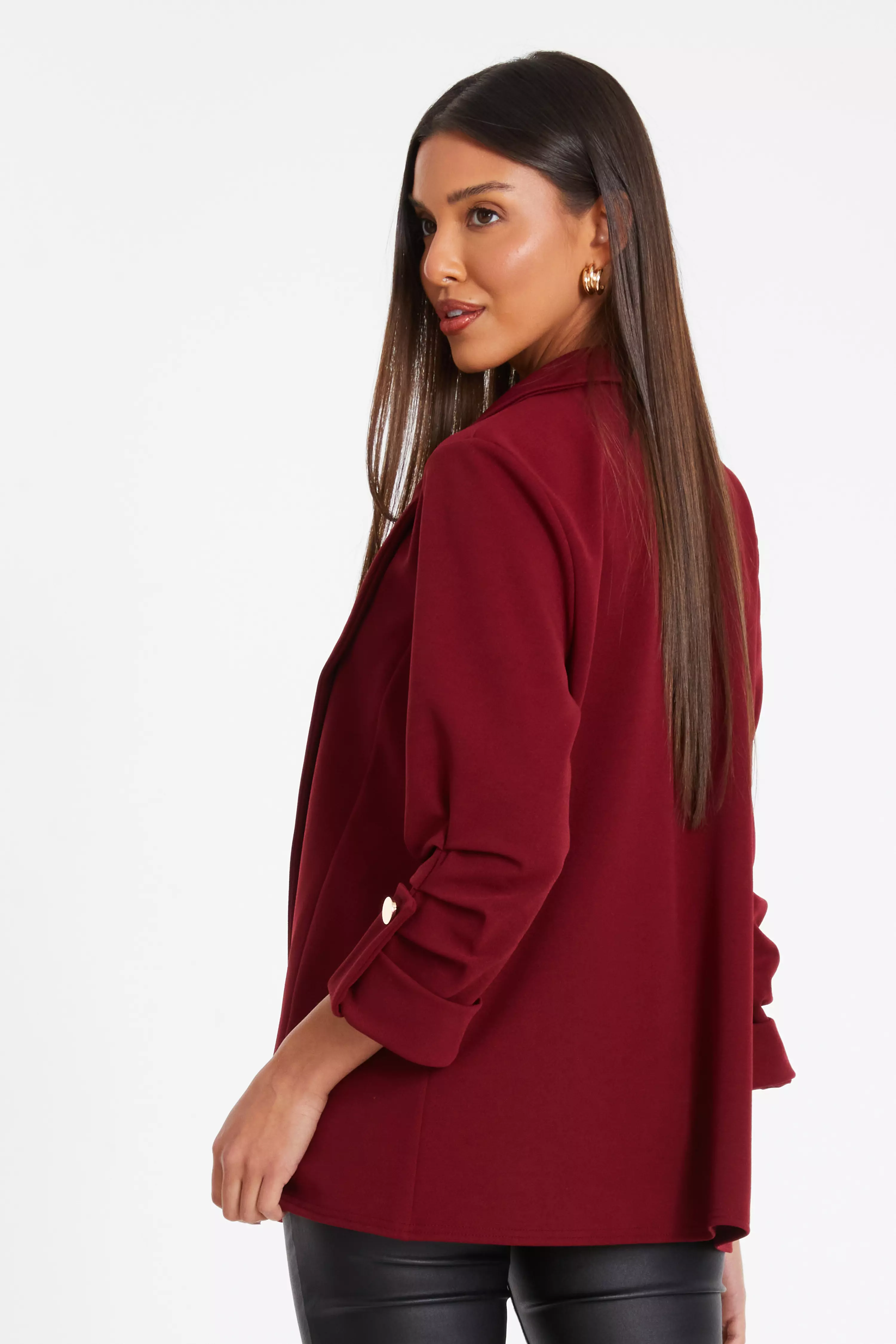 Dark Red Ruched Sleeve Blazer