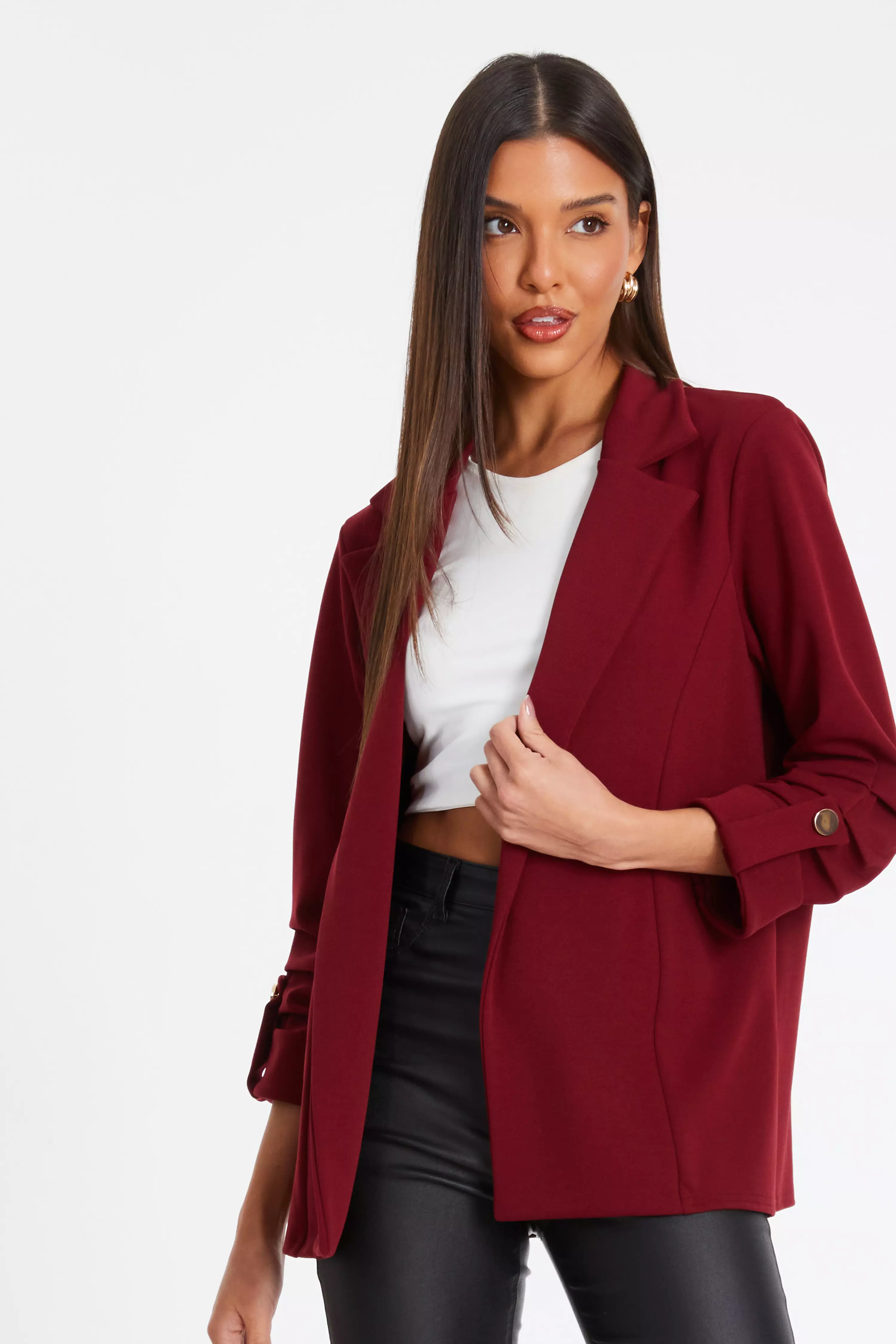 Dark Red Ruched Sleeve Blazer