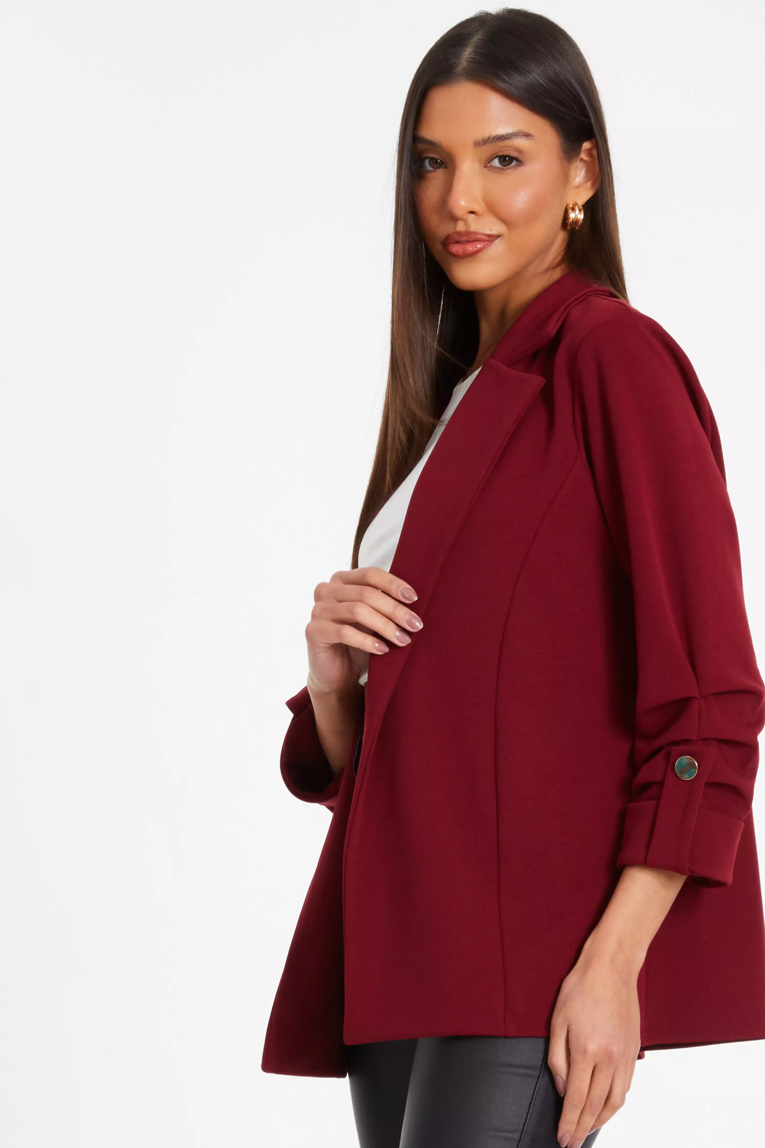 Dark Red Ruched Sleeve Blazer