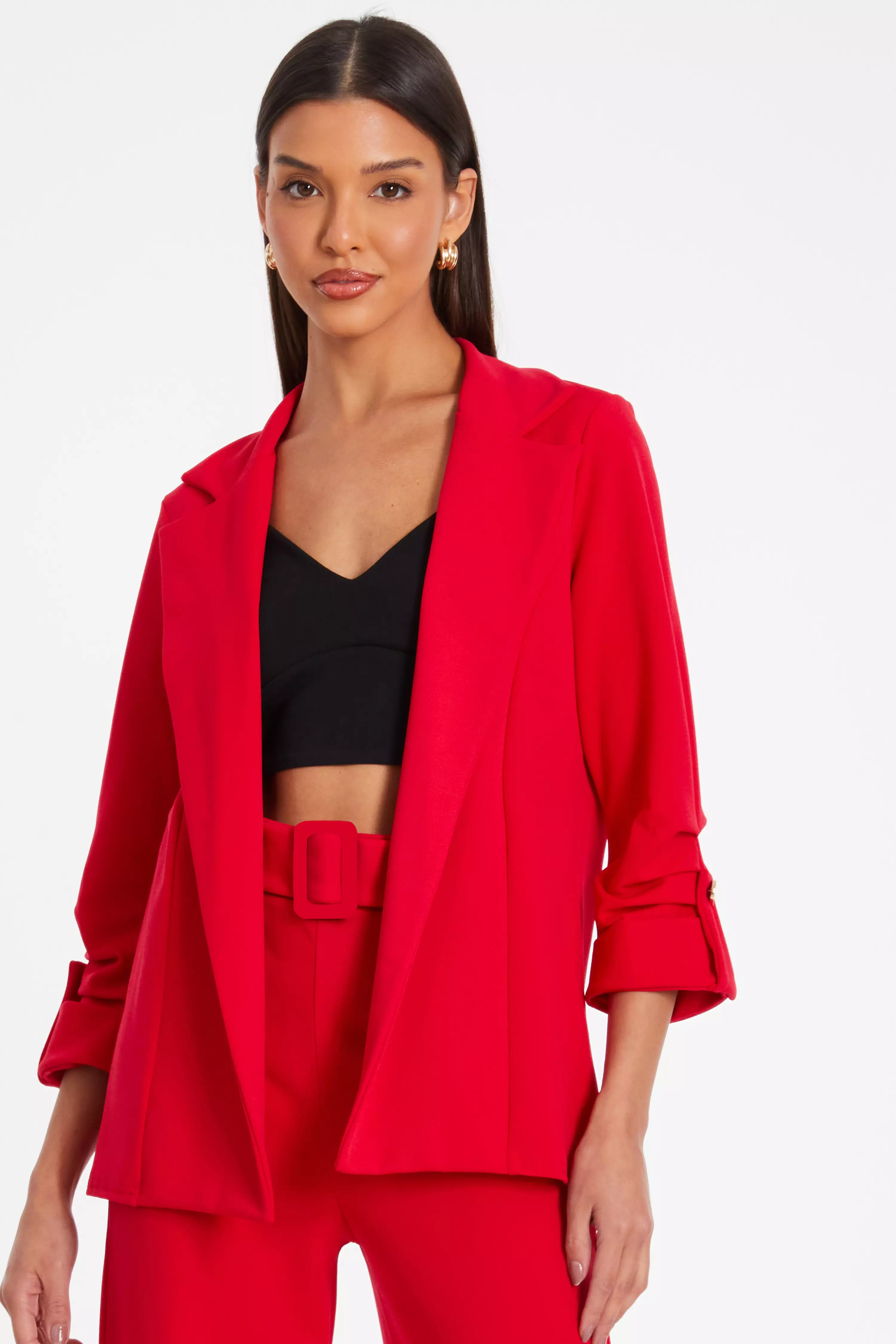 Red Ruched Sleeve Tailored Blazer