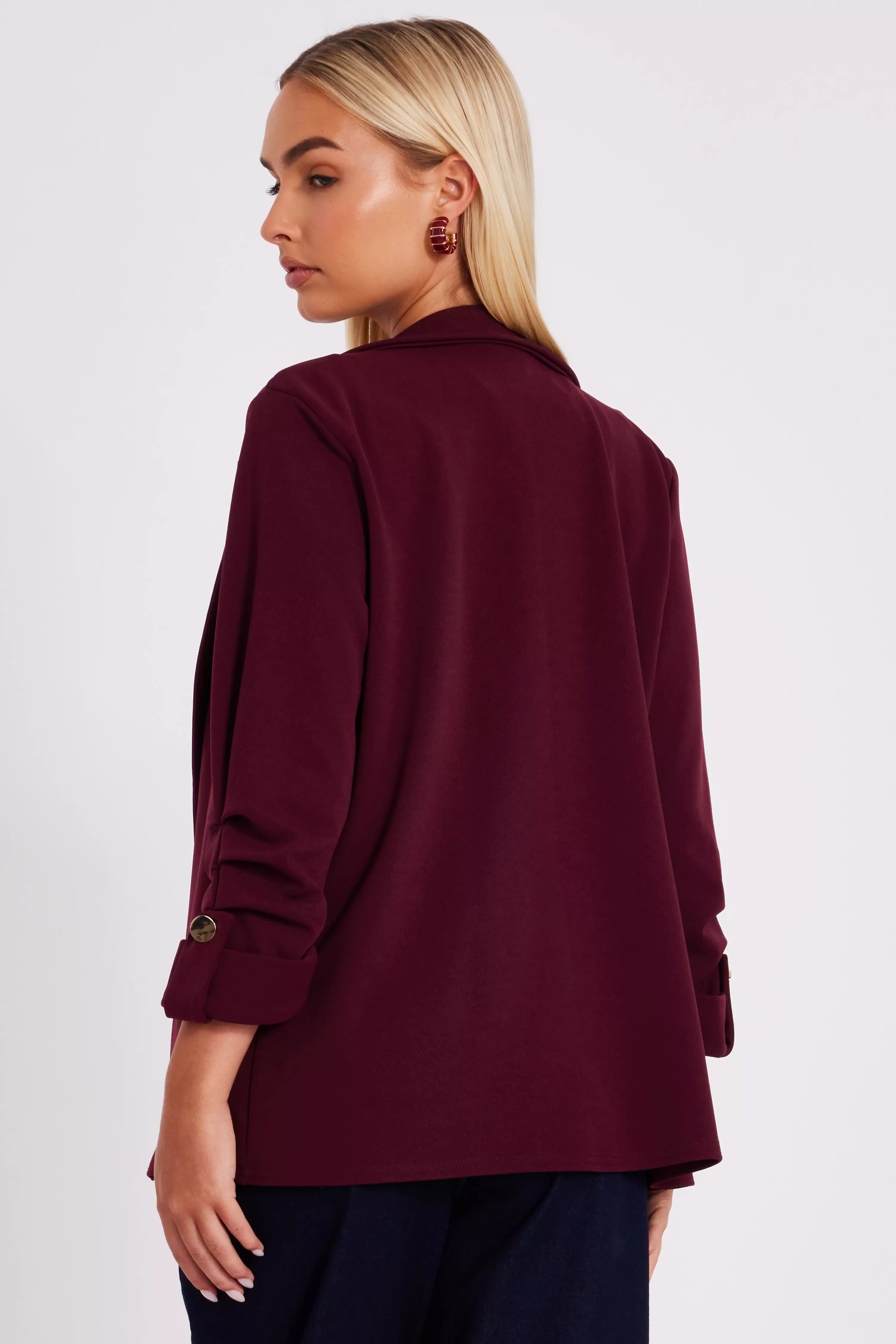 Dark Red Ruched Sleeve Blazer