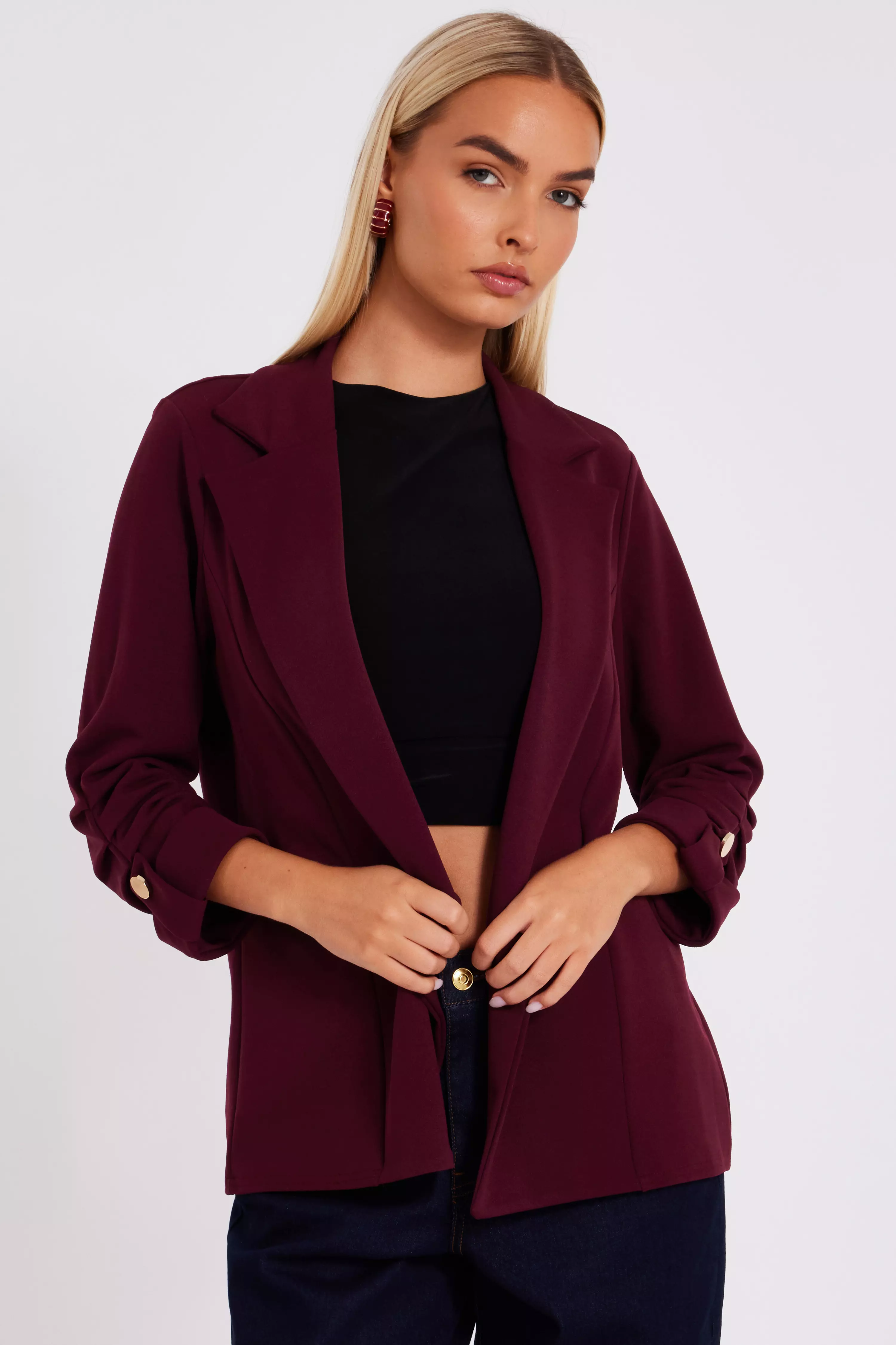 Dark Red Ruched Sleeve Blazer