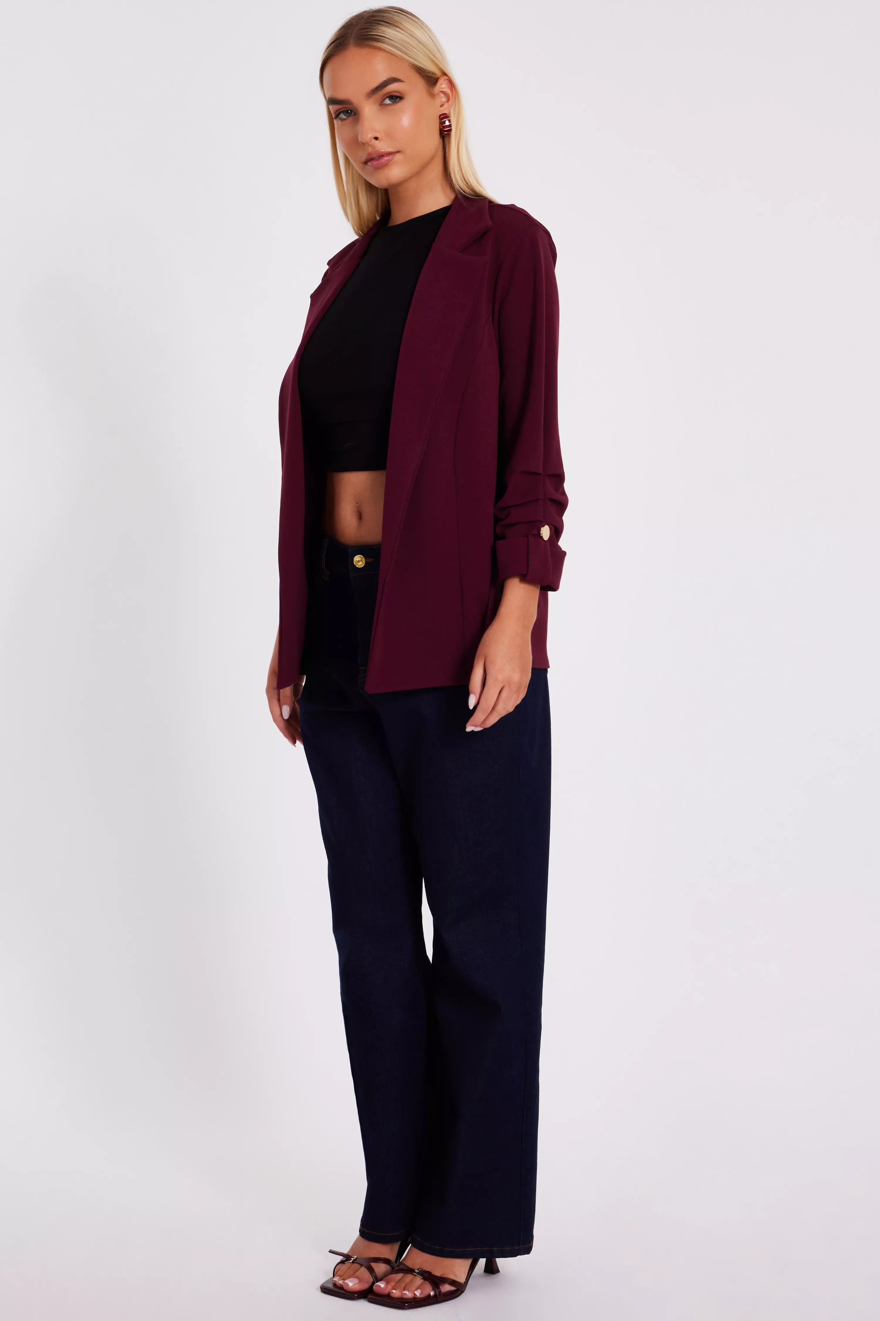 Dark Red Ruched Sleeve Blazer