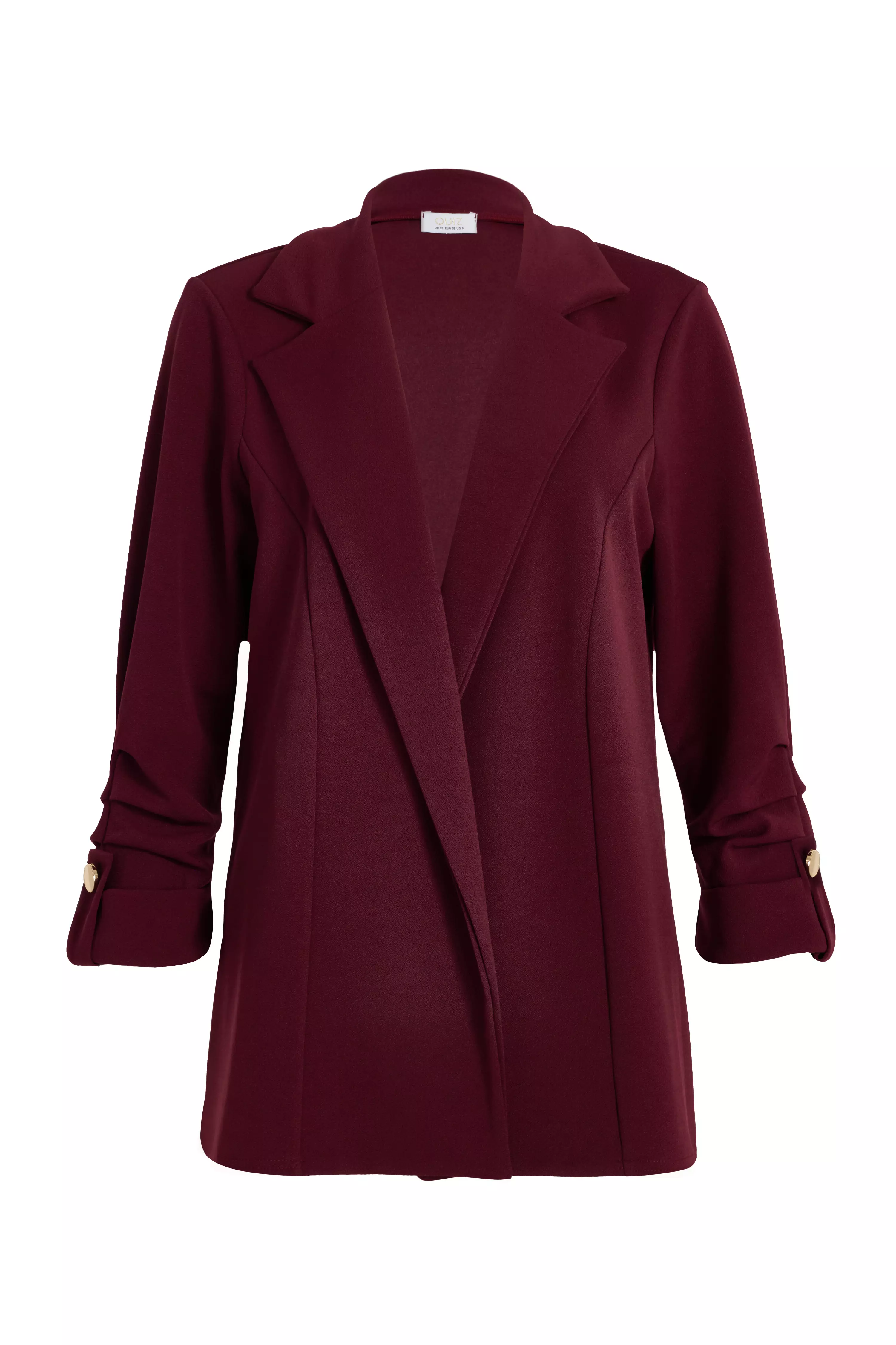 Dark Red Ruched Sleeve Blazer