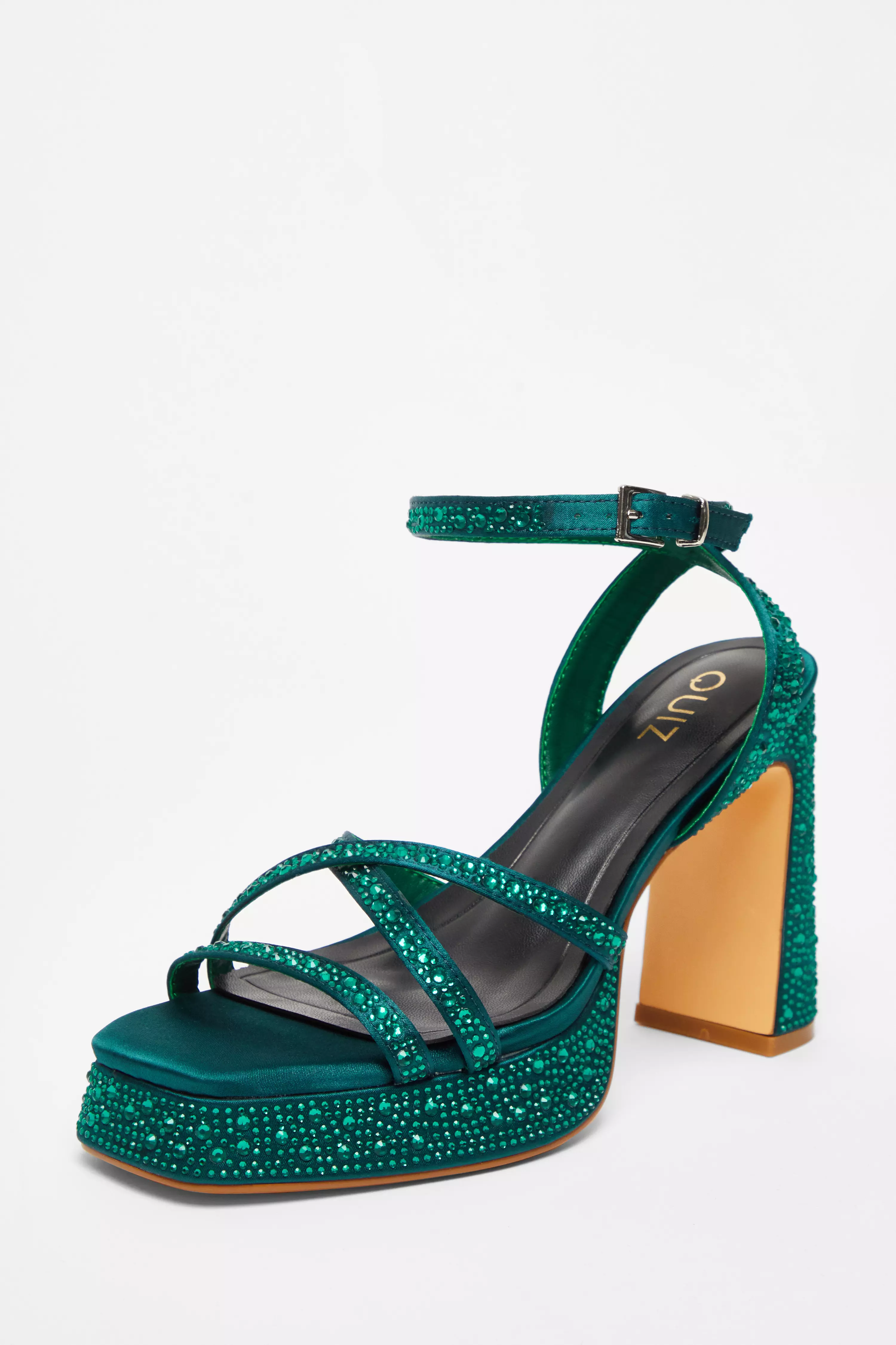 Dark Green Diamante Platform Heels