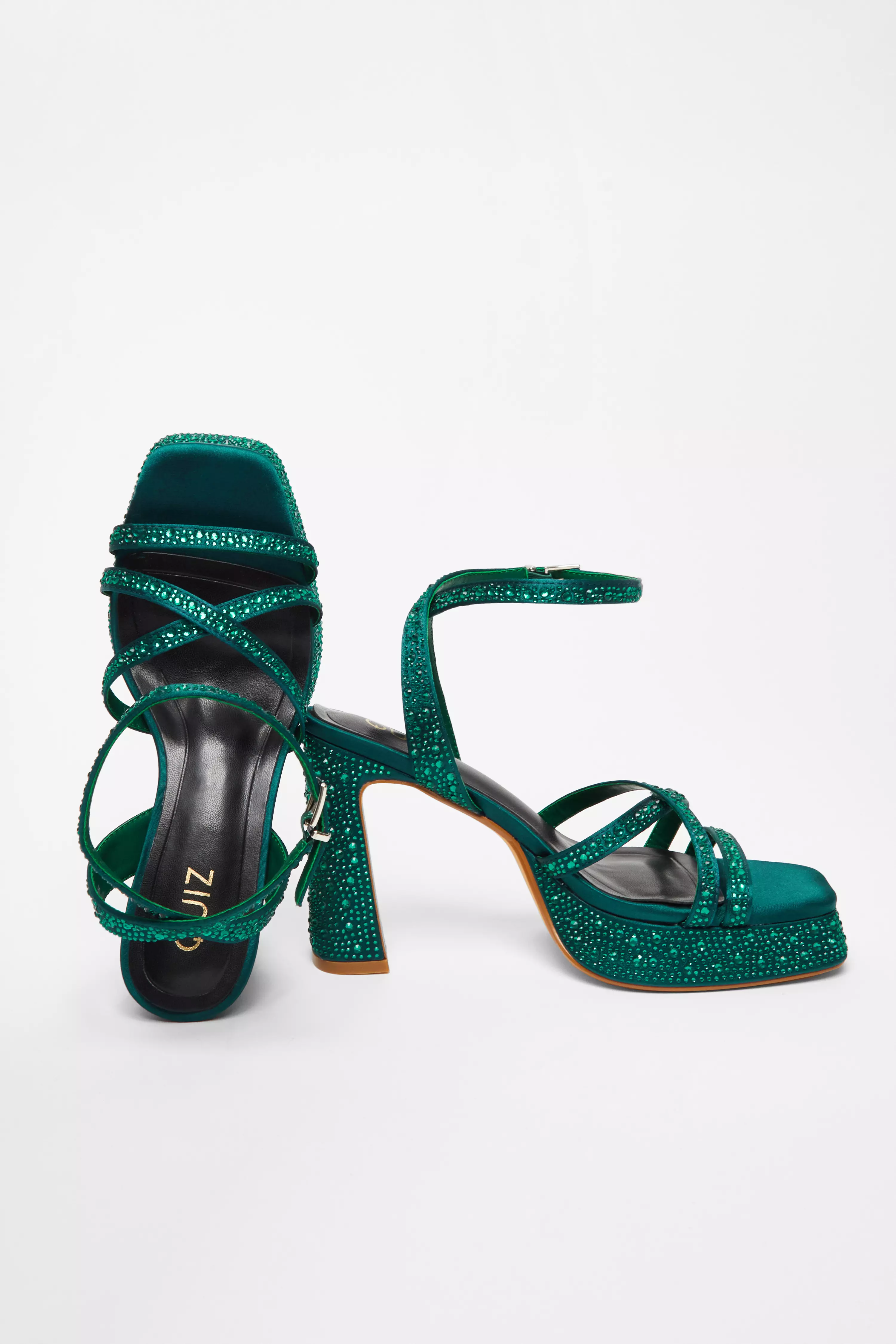 Dark Green Diamante Platform Heels