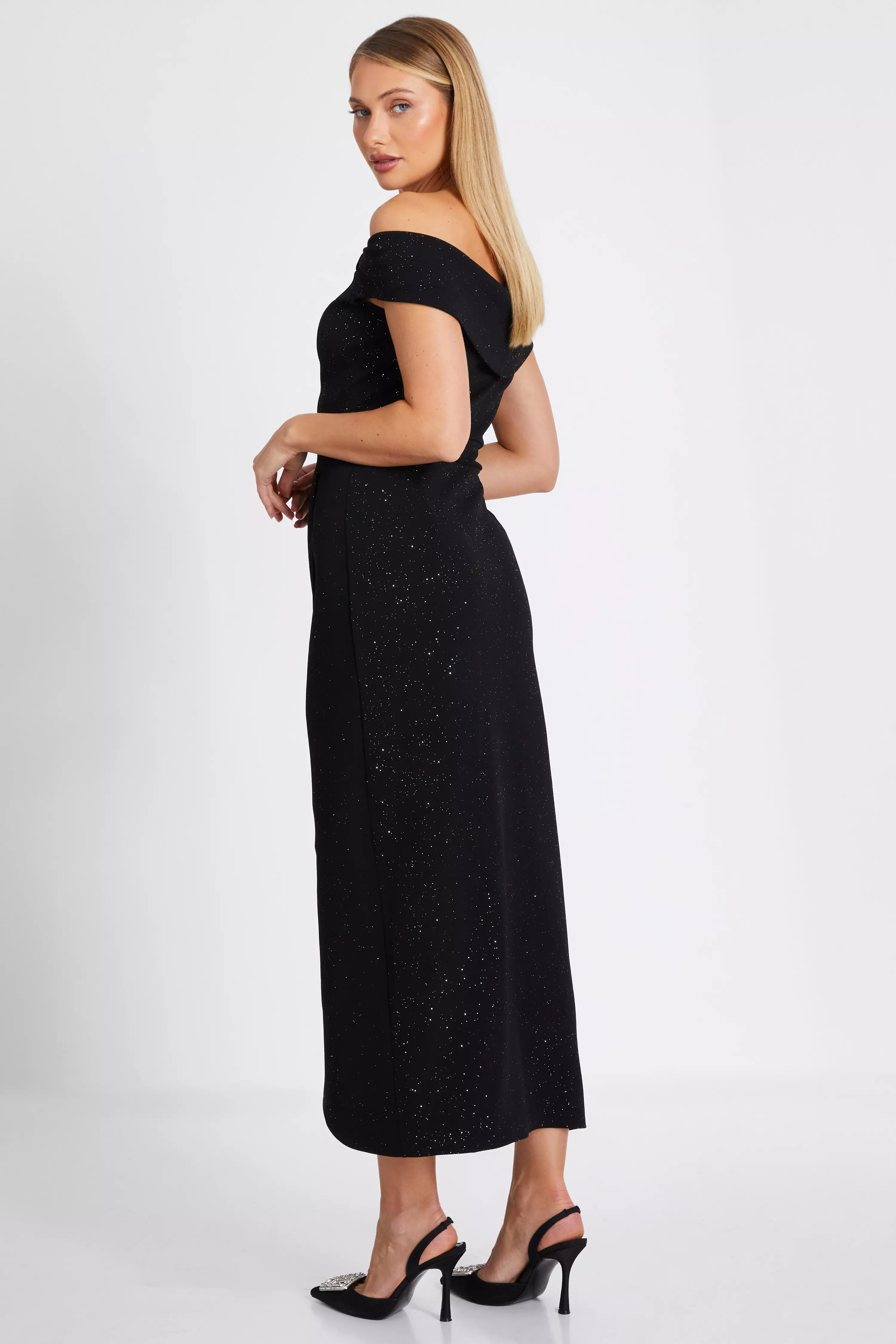 Black Glitter Bardot Midi Dress