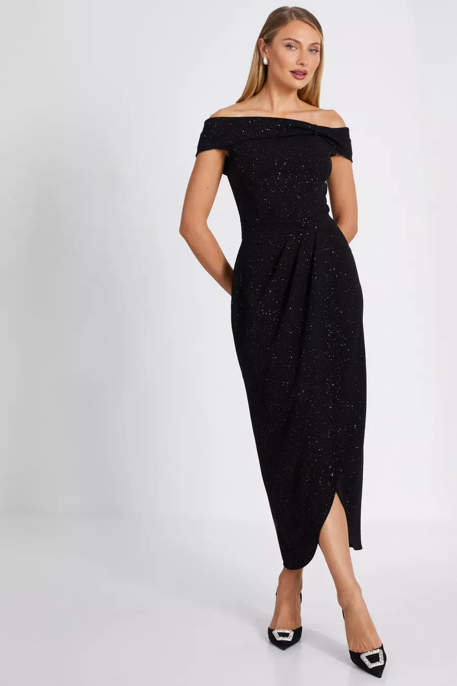 Black Glitter Bardot Midi Dress QUIZ Clothing