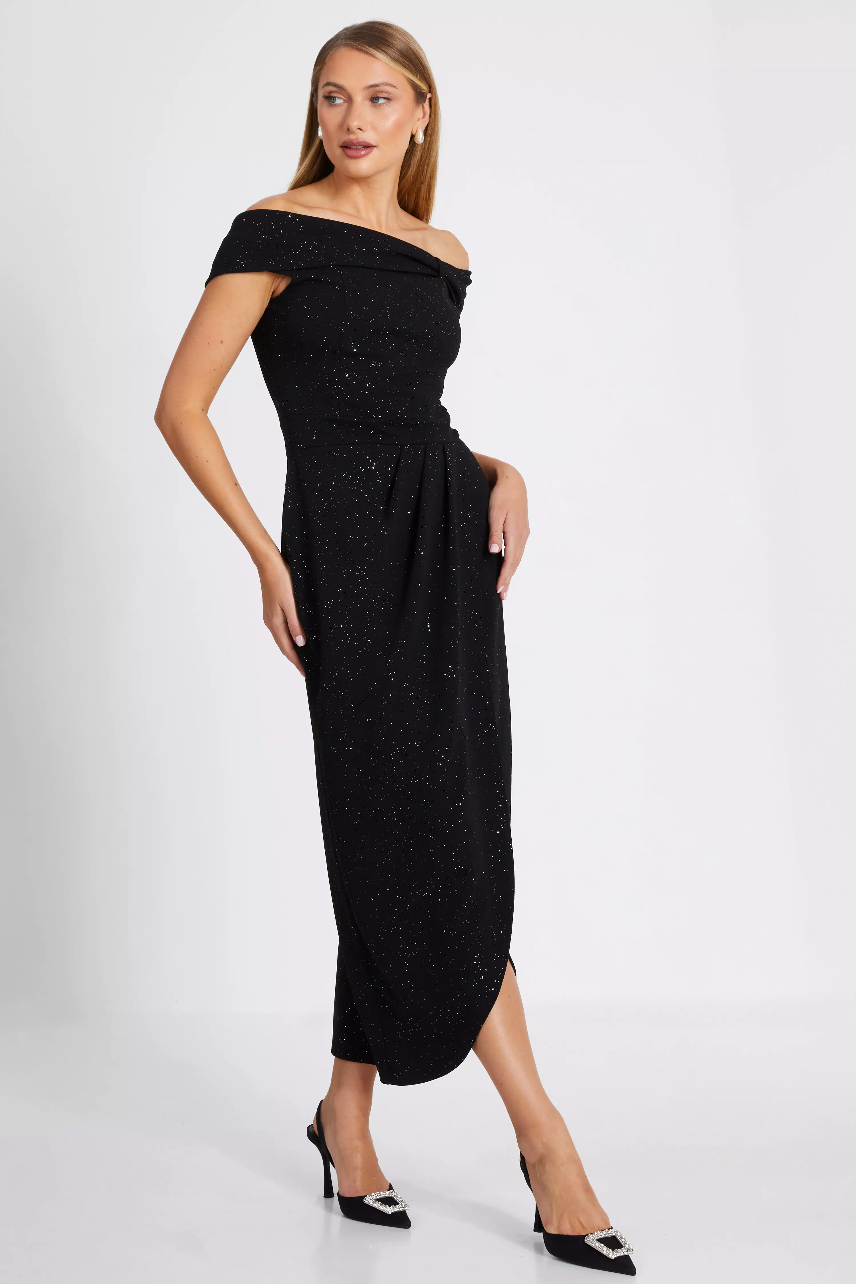 Black Glitter Bardot Midi Dress