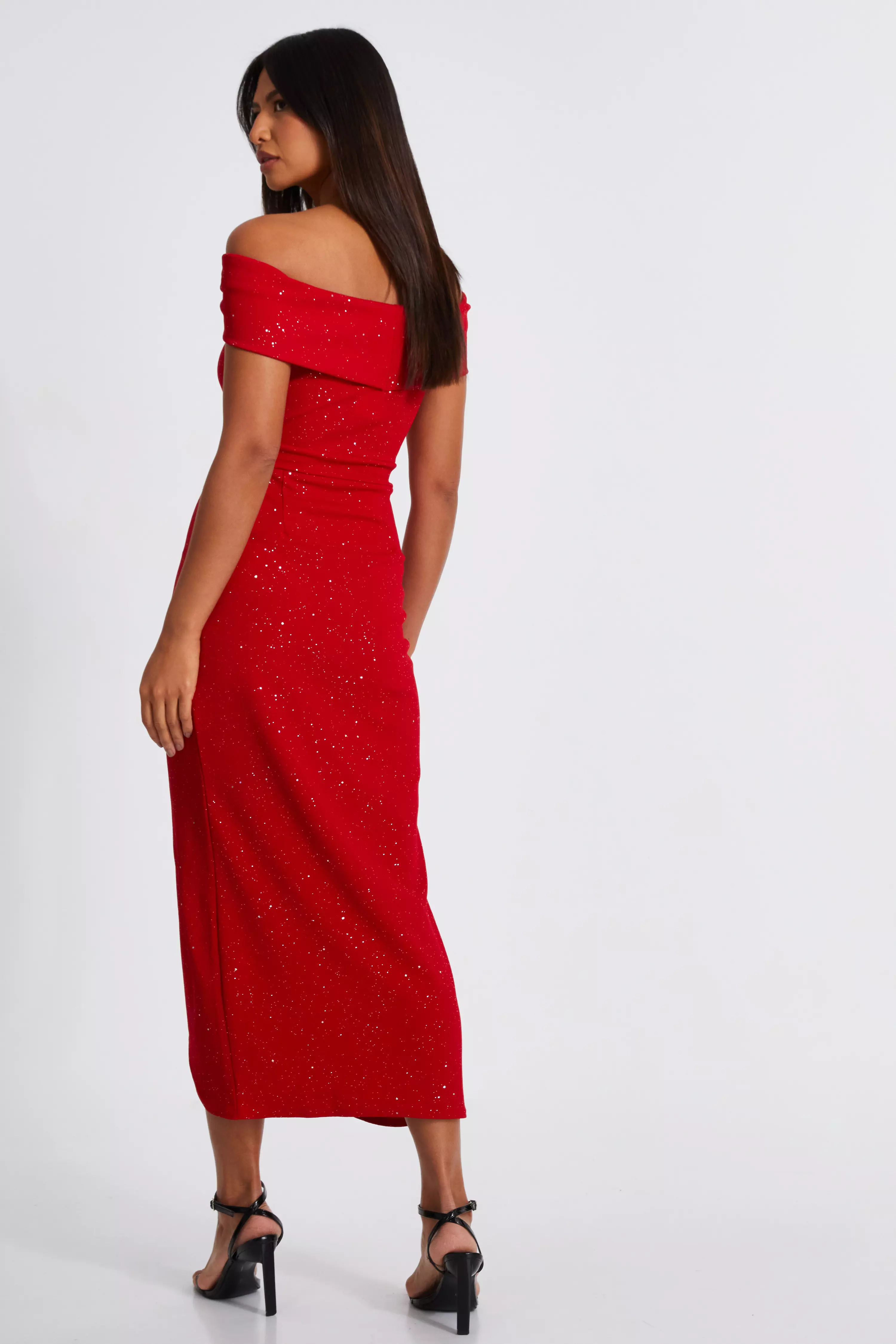 Red Glitter Bardot Midi Dress