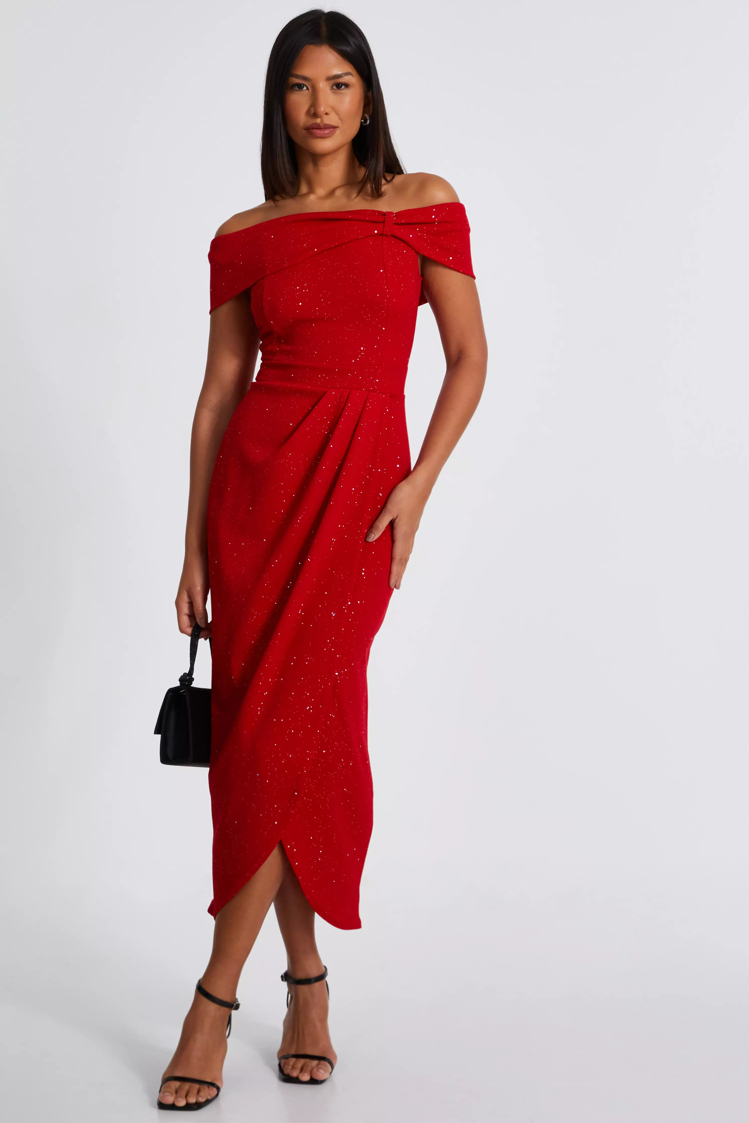 Red Glitter Bardot Midi Dress