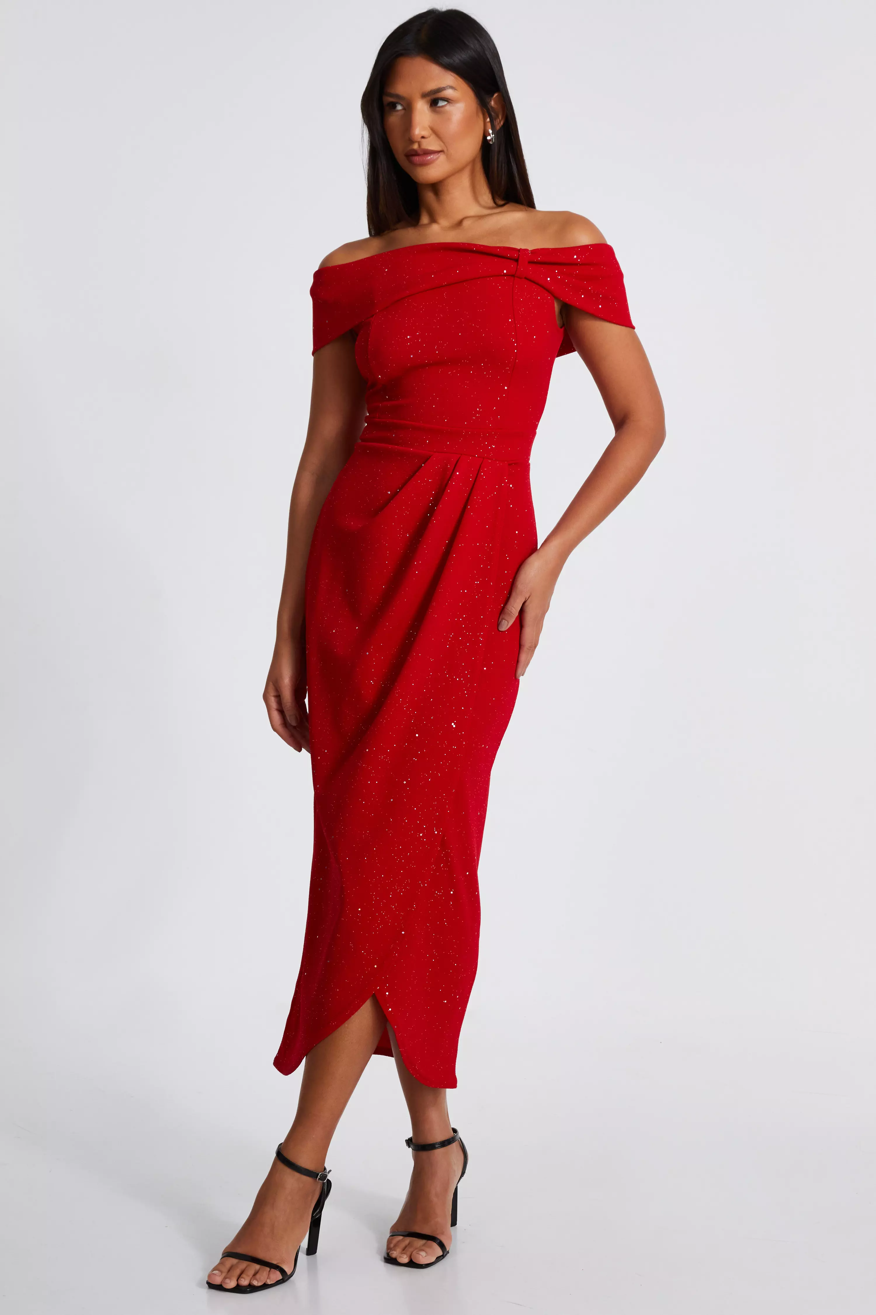 Red Glitter Bardot Midi Dress