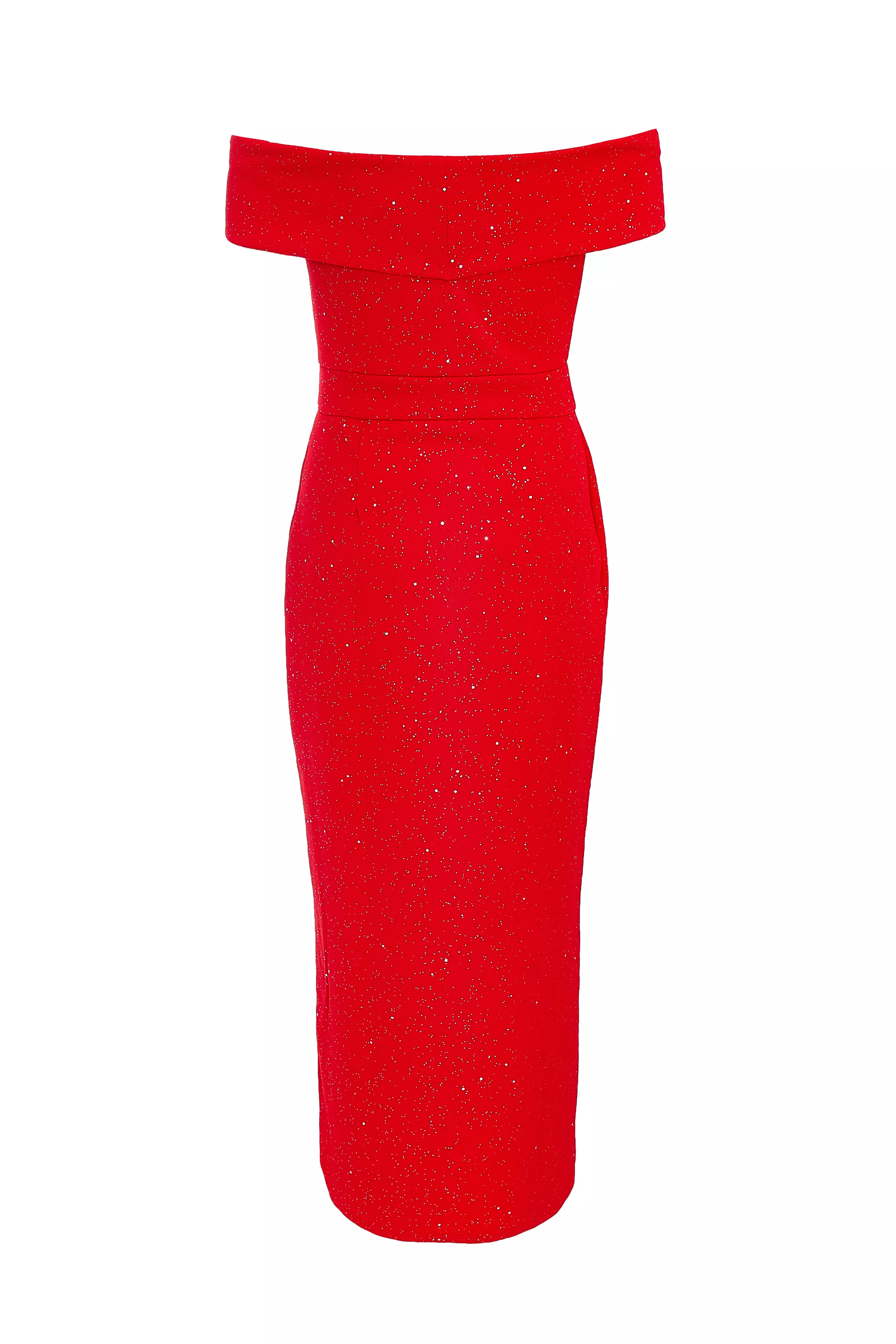 Red Glitter Bardot Midi Dress