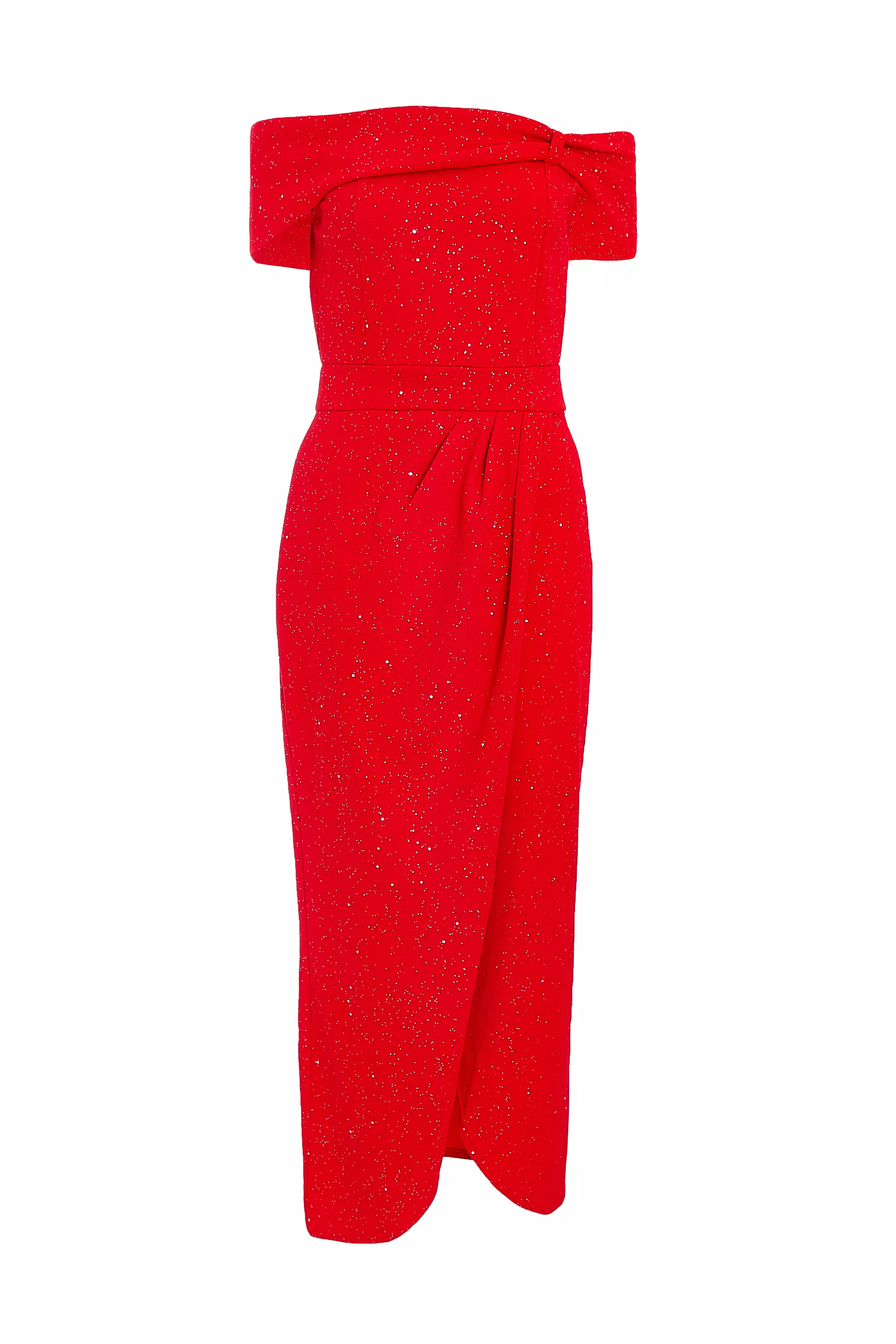 Red Glitter Bardot Midi Dress