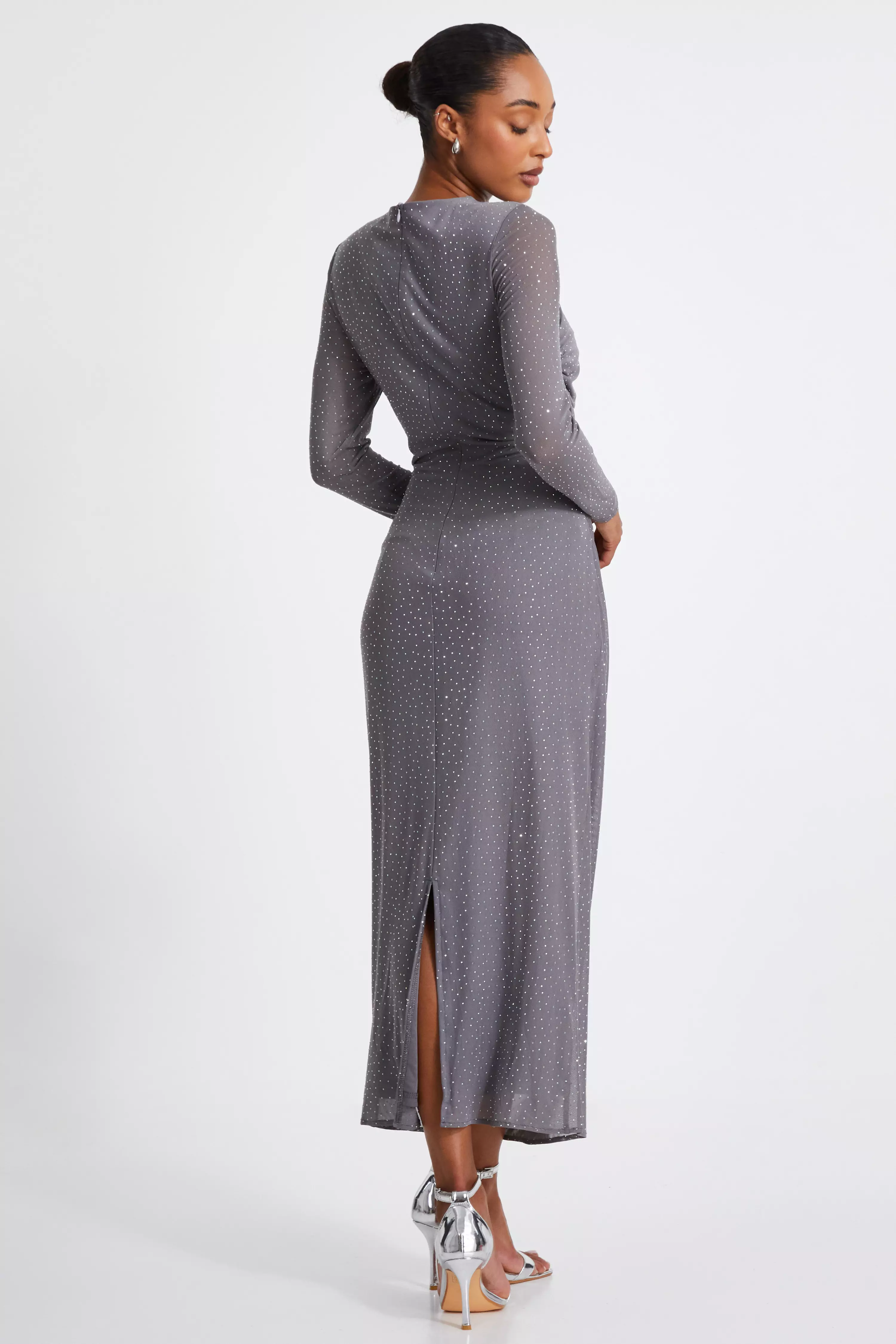 Grey Mesh Diamante Maxi Dress