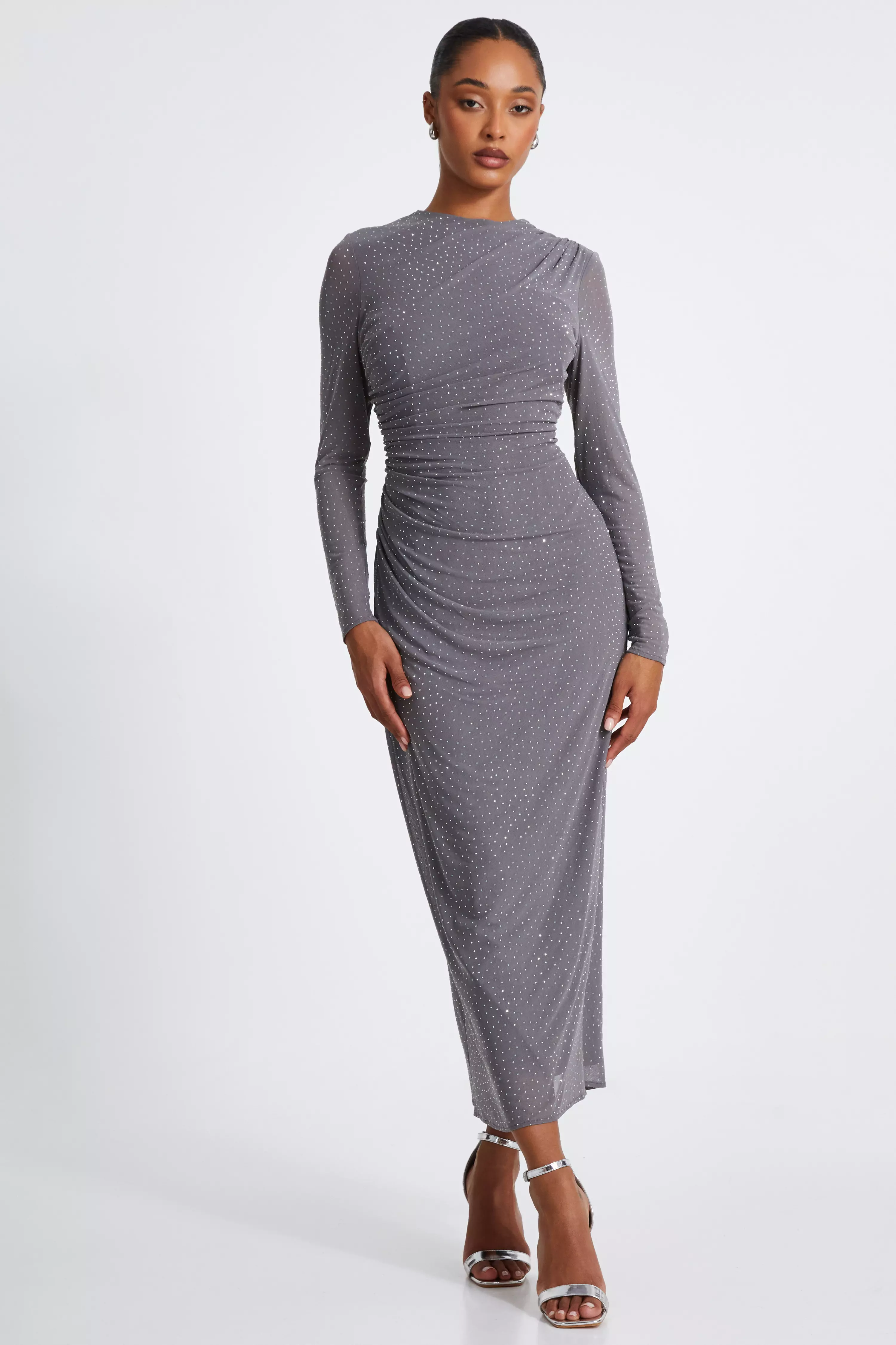 Grey Mesh Diamante Maxi Dress