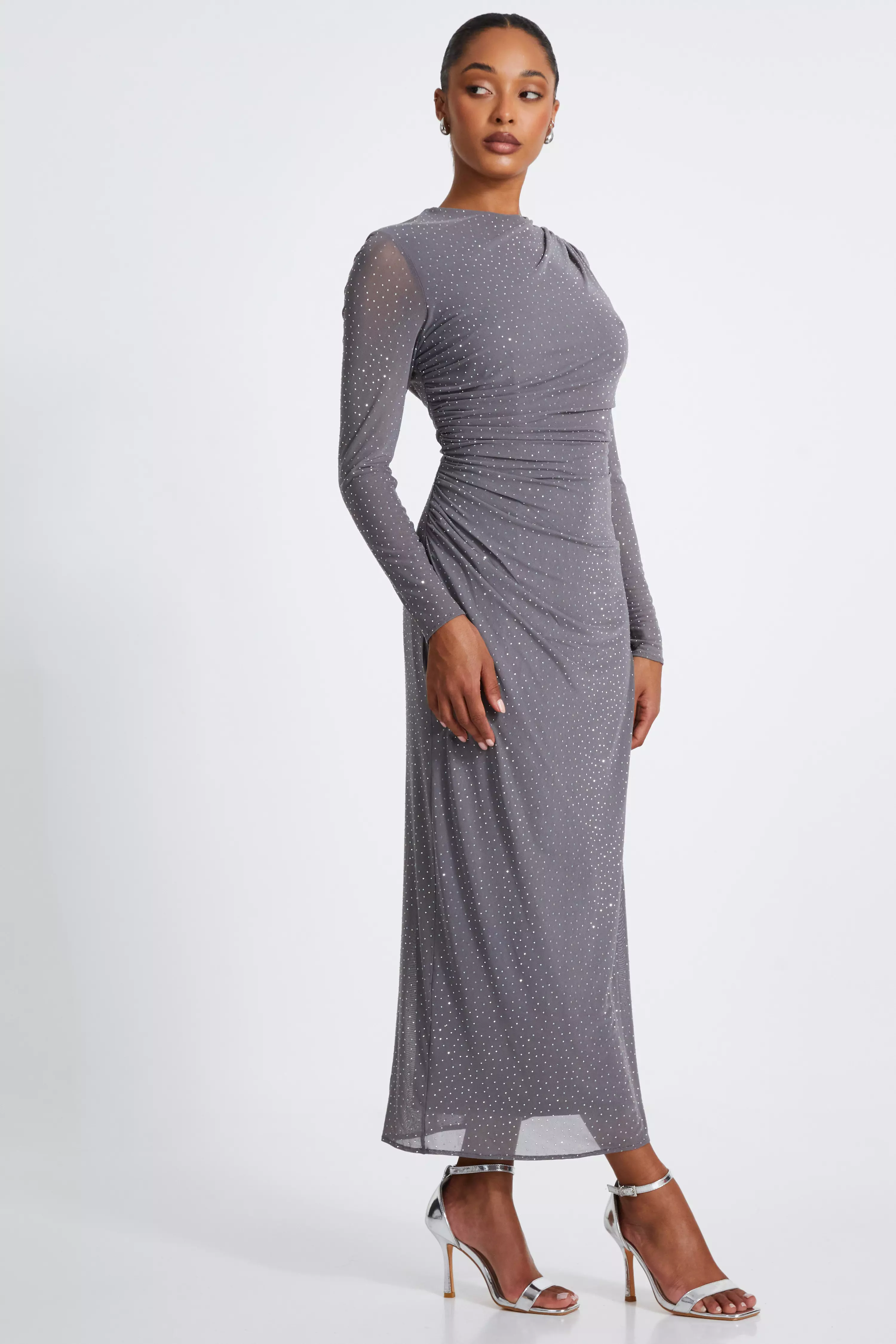 Grey Mesh Diamante Maxi Dress