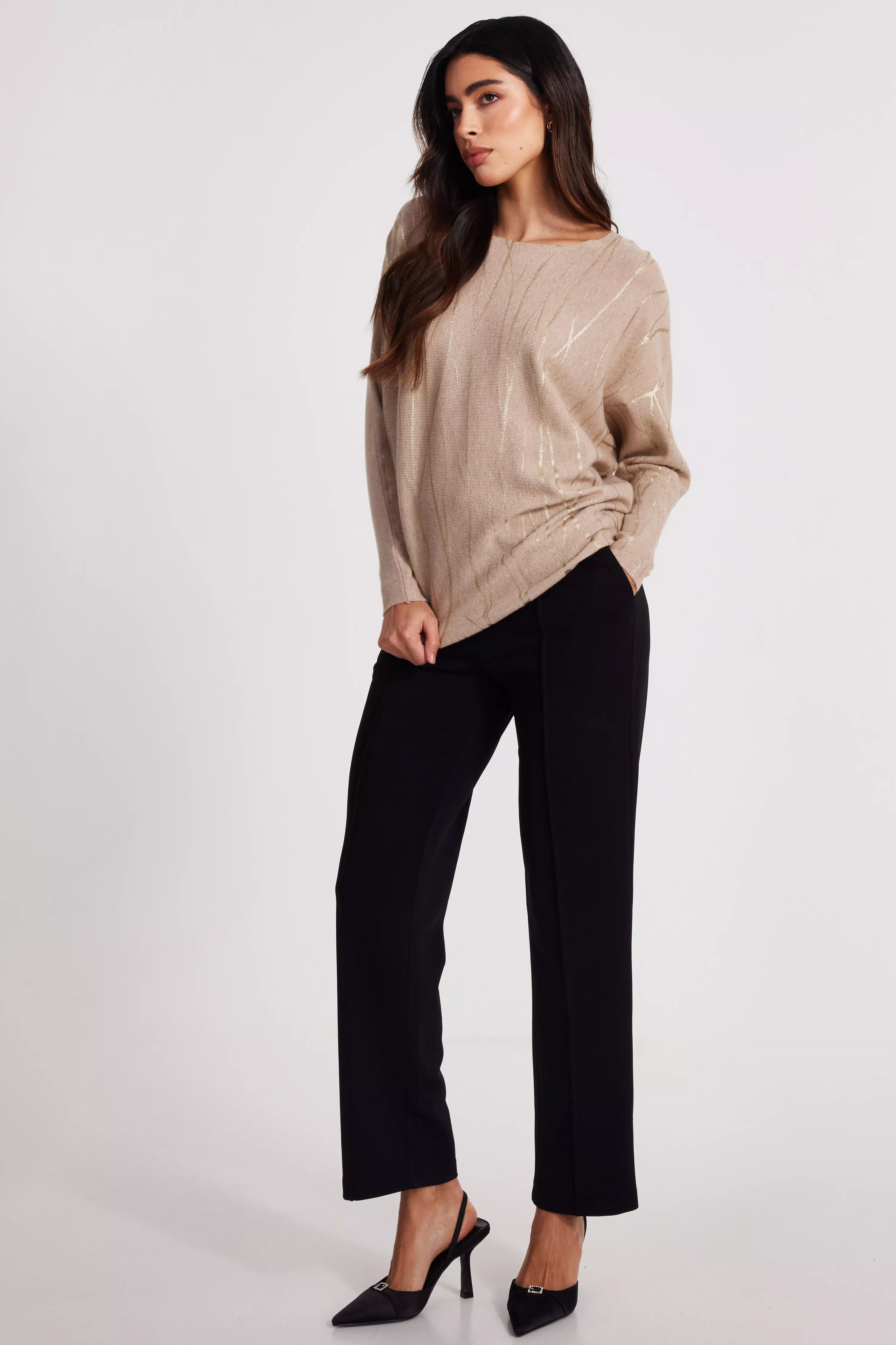 Beige Knit Foil Detail Jumper