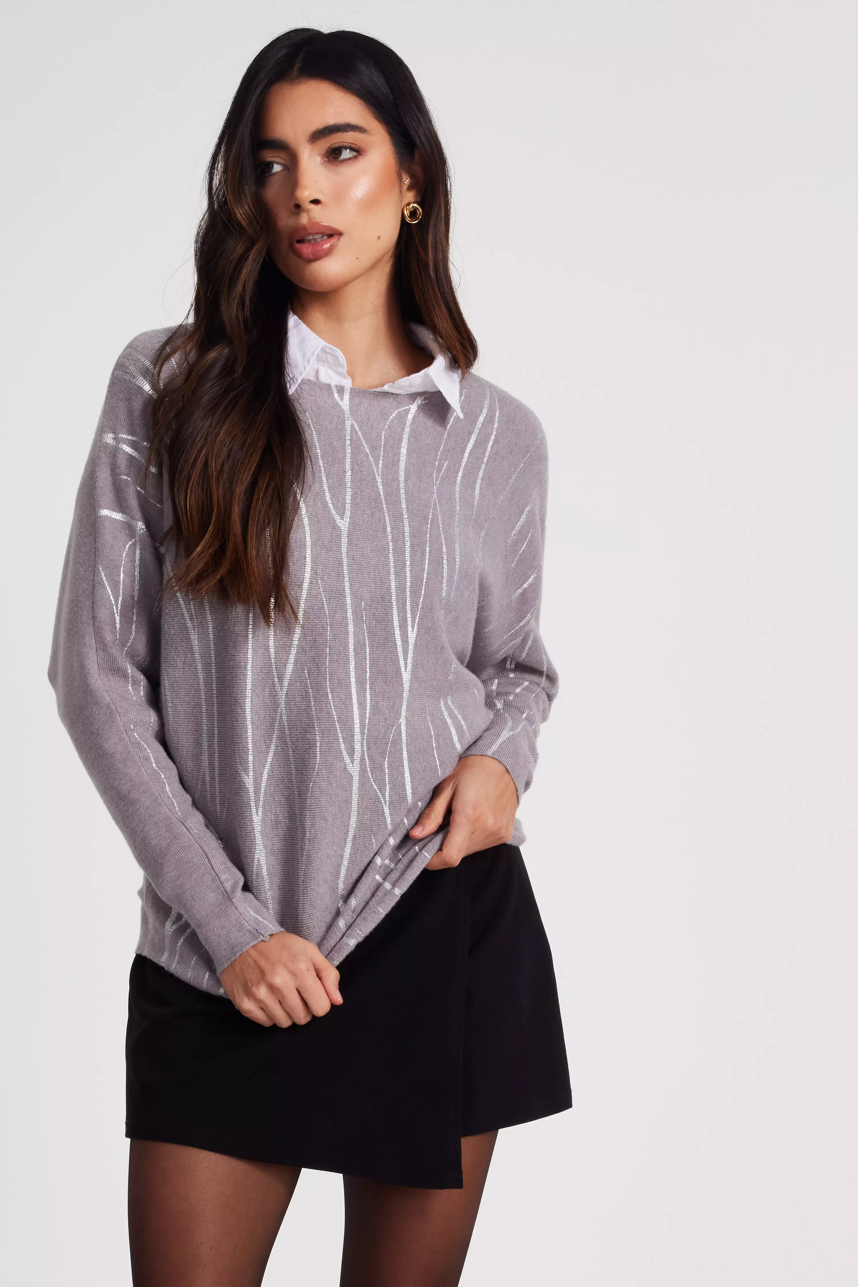 Grey Knit Foil Detail Jumper