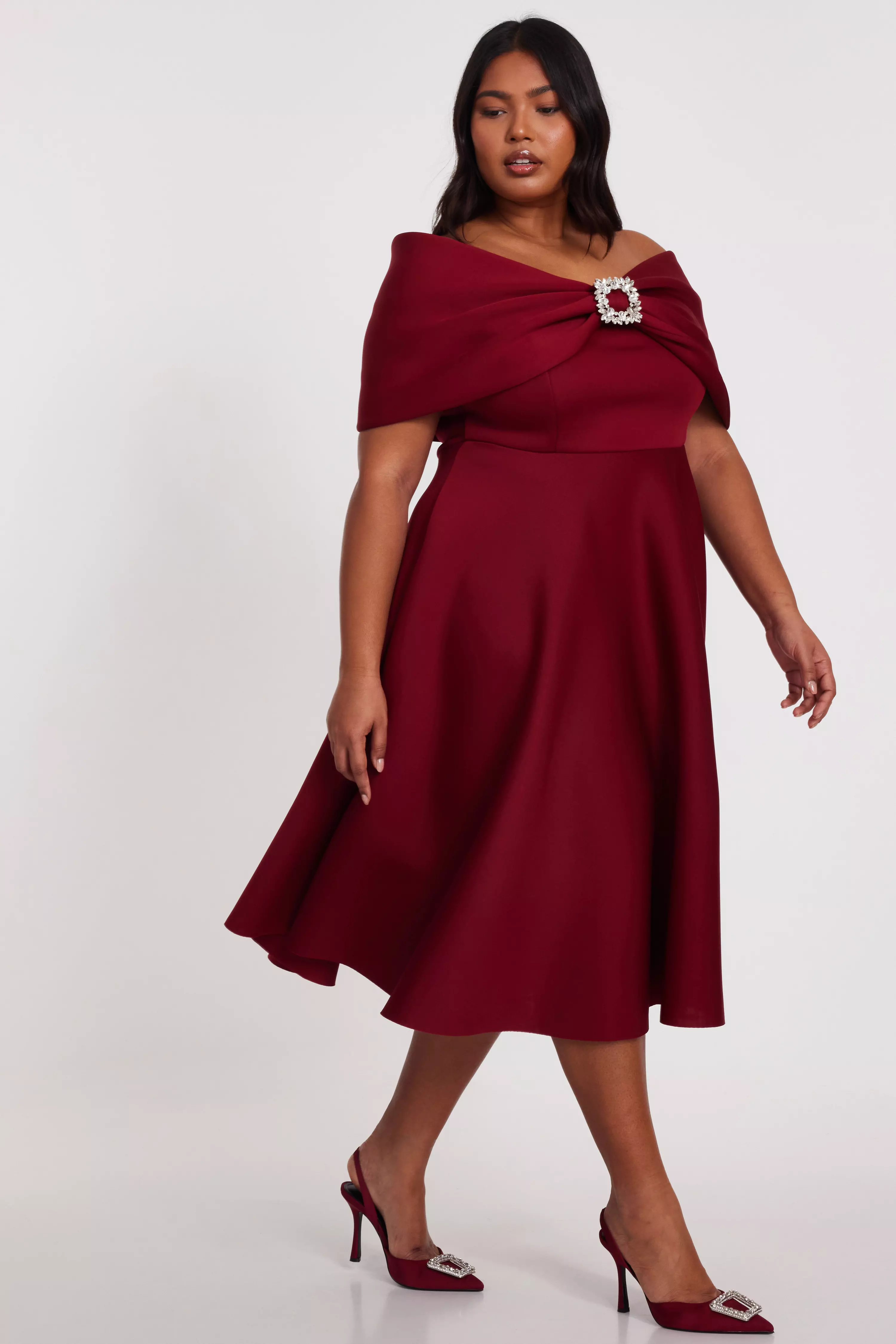 Curve Dark Red Skater Midi Dress