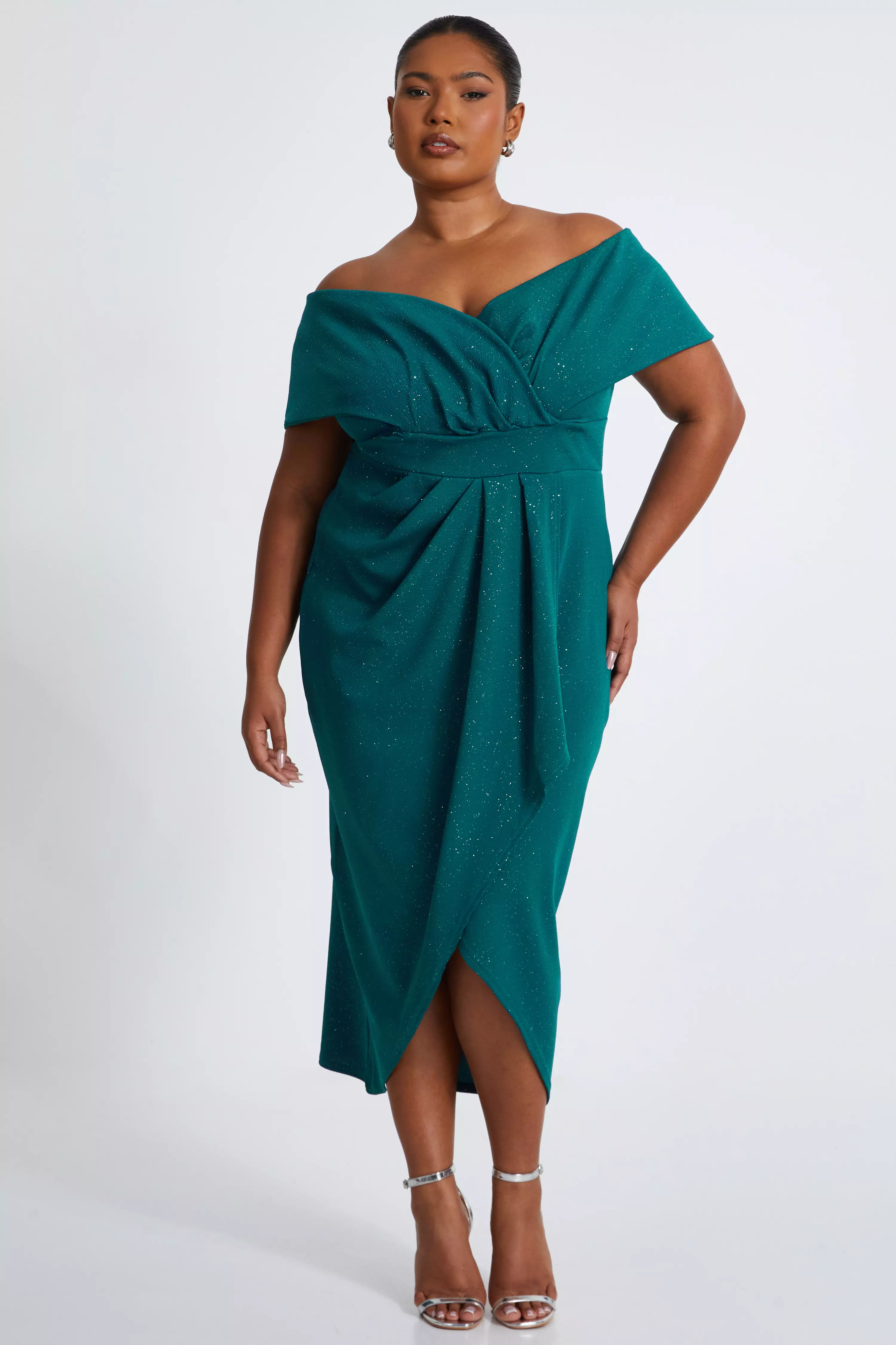 Curve Bottle Green Glitter Bardot Midi Dress